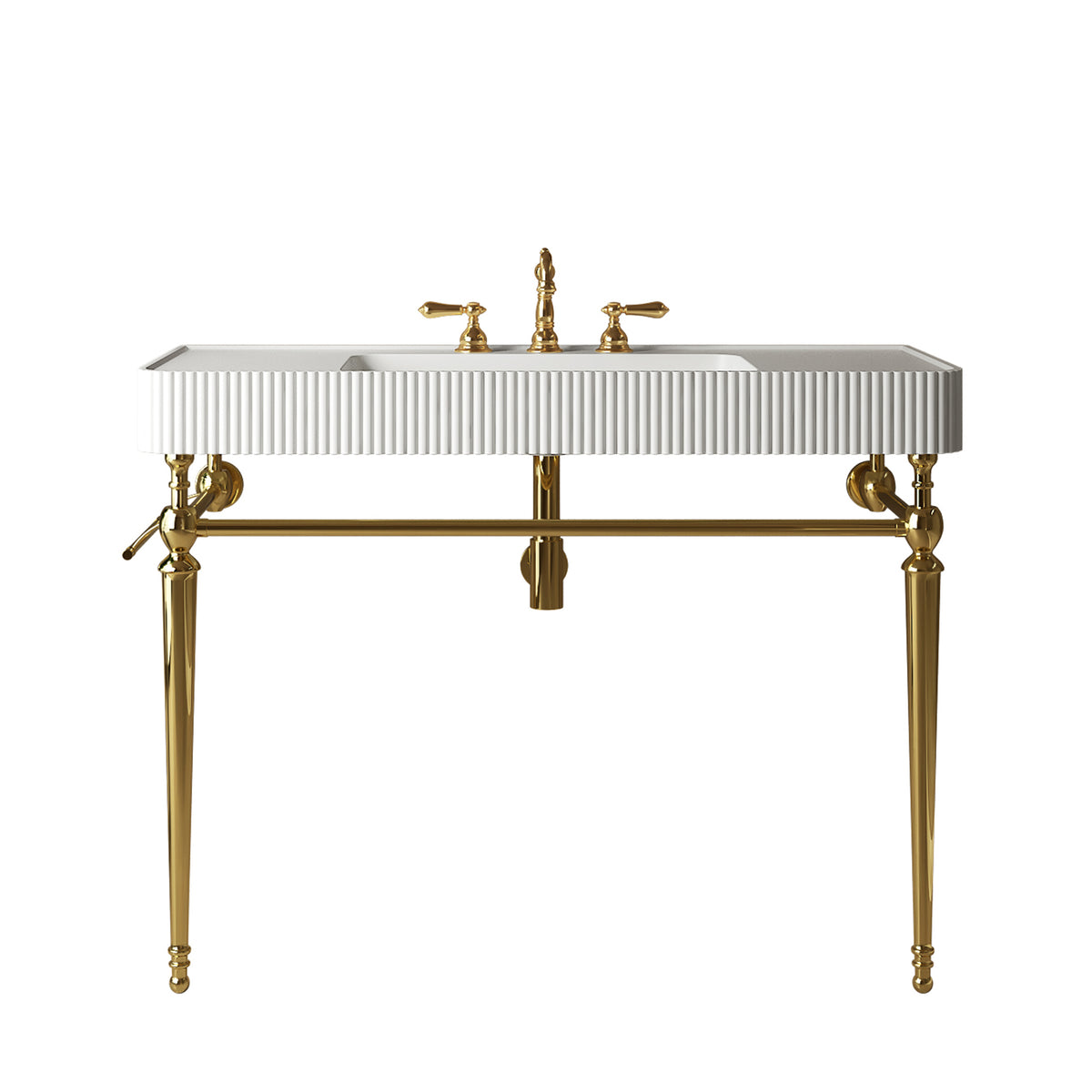 VICO 48" Freestanding Bathroom Console Vanity with White Solid Surface Integrated Sink, Gold Stainless Steel Support Legs and Towel Bar, 8" Widespread 3-Hole Faucet Configuration, Faucet and Sink Drain Not Included