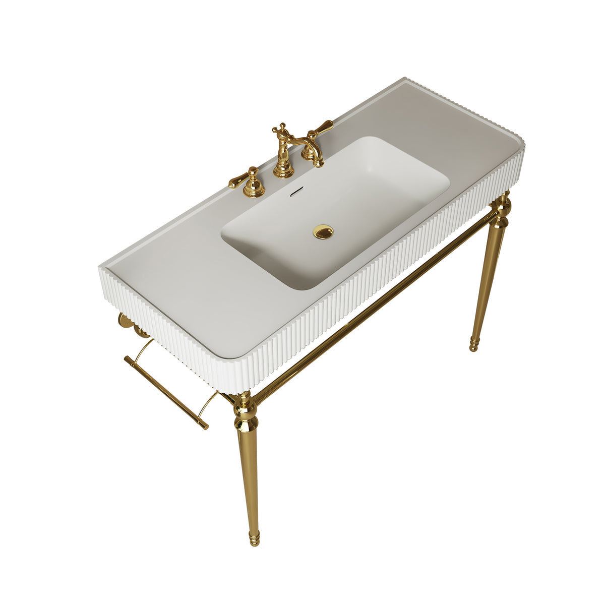 VICO 48" Freestanding Bathroom Console Vanity with White Solid Surface Integrated Sink, Gold Stainless Steel Support Legs and Towel Bar, 8" Widespread 3-Hole Faucet Configuration, Faucet and Sink Drain Not Included