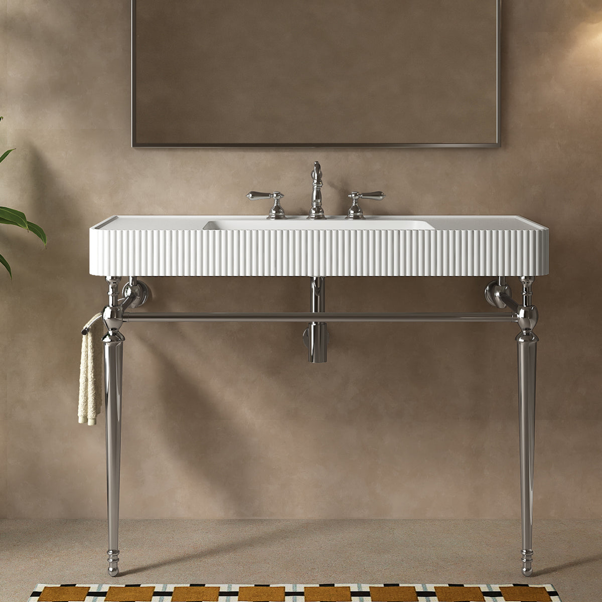 VICO 48" Freestanding Bathroom Console Vanity with White Solid Surface Integrated Sink, Silver Stainless Steel Support Legs and Towel Bar, 8" Widespread 3-Hole Faucet Configuration, Faucet and Sink Drain Not Included