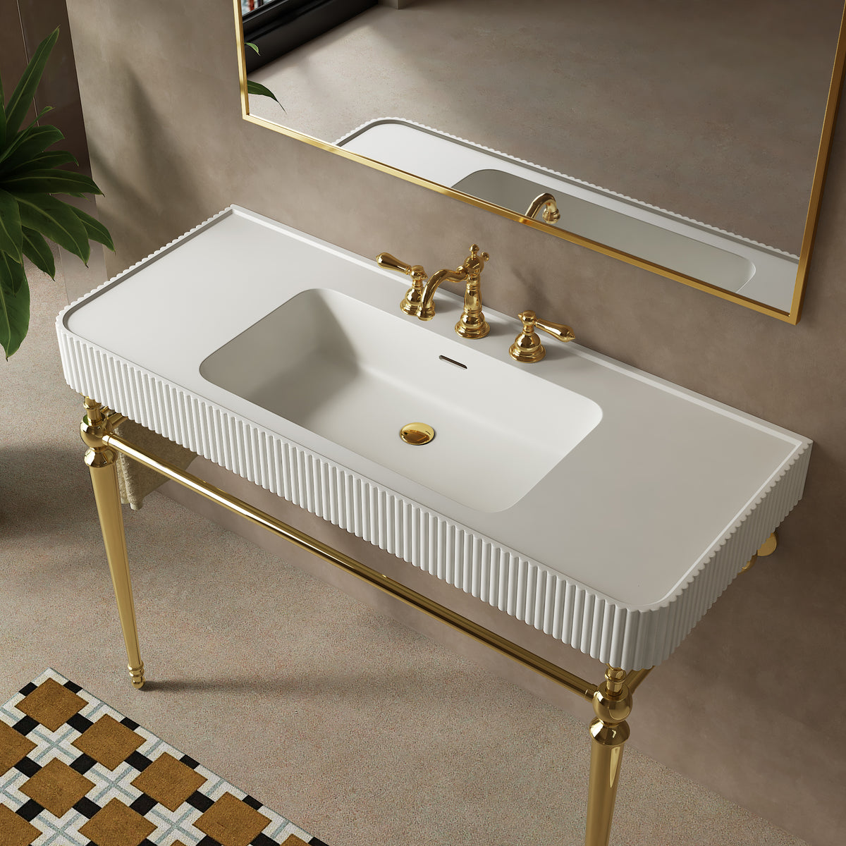 VICO 48" Freestanding Bathroom Console Vanity with White Solid Surface Integrated Sink, Gold Stainless Steel Support Legs and Towel Bar, 8" Widespread 3-Hole Faucet Configuration, Faucet and Sink Drain Not Included