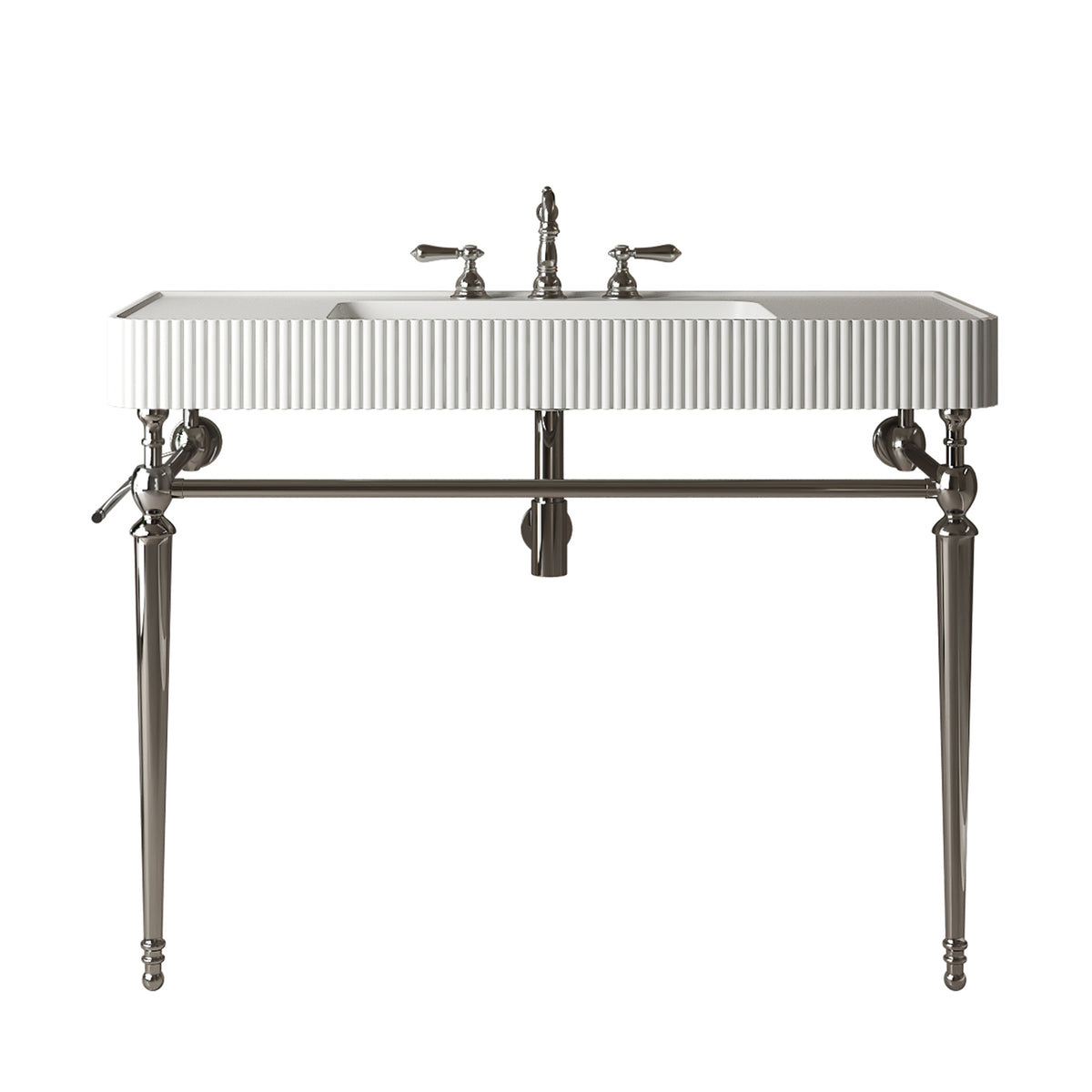 VICO 48" Freestanding Bathroom Console Vanity with White Solid Surface Integrated Sink, Silver Stainless Steel Support Legs and Towel Bar, 8" Widespread 3-Hole Faucet Configuration, Faucet and Sink Drain Not Included