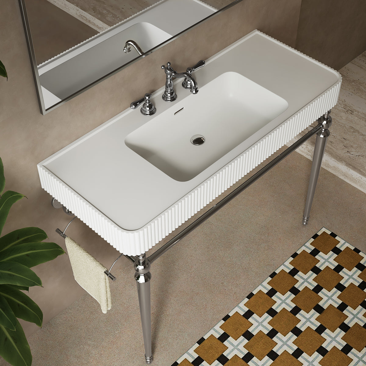 VICO 48" Freestanding Bathroom Console Vanity with White Solid Surface Integrated Sink, Silver Stainless Steel Support Legs and Towel Bar, 8" Widespread 3-Hole Faucet Configuration, Faucet and Sink Drain Not Included