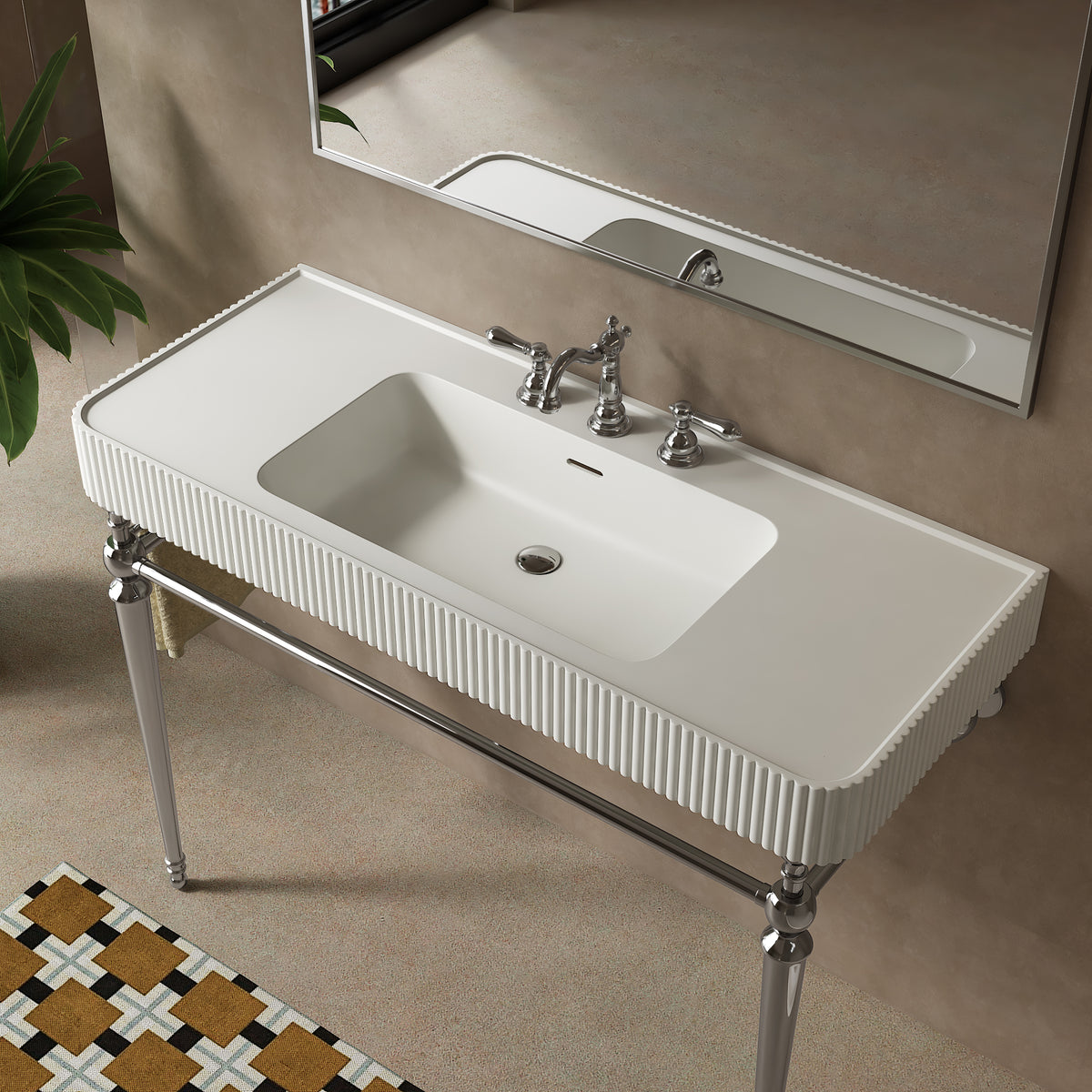 VICO 48" Freestanding Bathroom Console Vanity with White Solid Surface Integrated Sink, Silver Stainless Steel Support Legs and Towel Bar, 8" Widespread 3-Hole Faucet Configuration, Faucet and Sink Drain Not Included