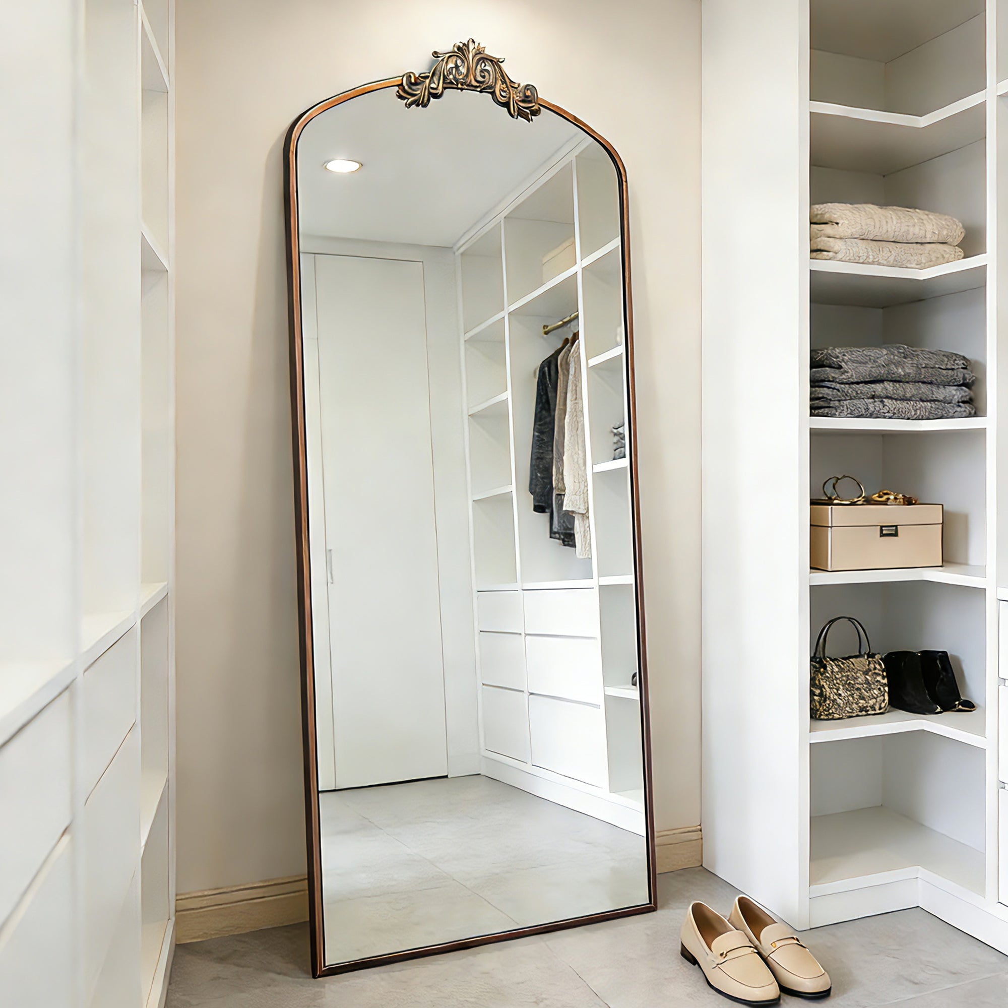 Full Length Mirror 36'' x 66'' Vintage Ornate Arched Floor Mirror, Antique Bronze Metal Framed Mirror Dressing Mirror Oversized Wall Mirror, for Entryway, Living Room, Bedroom, Clothing Shop