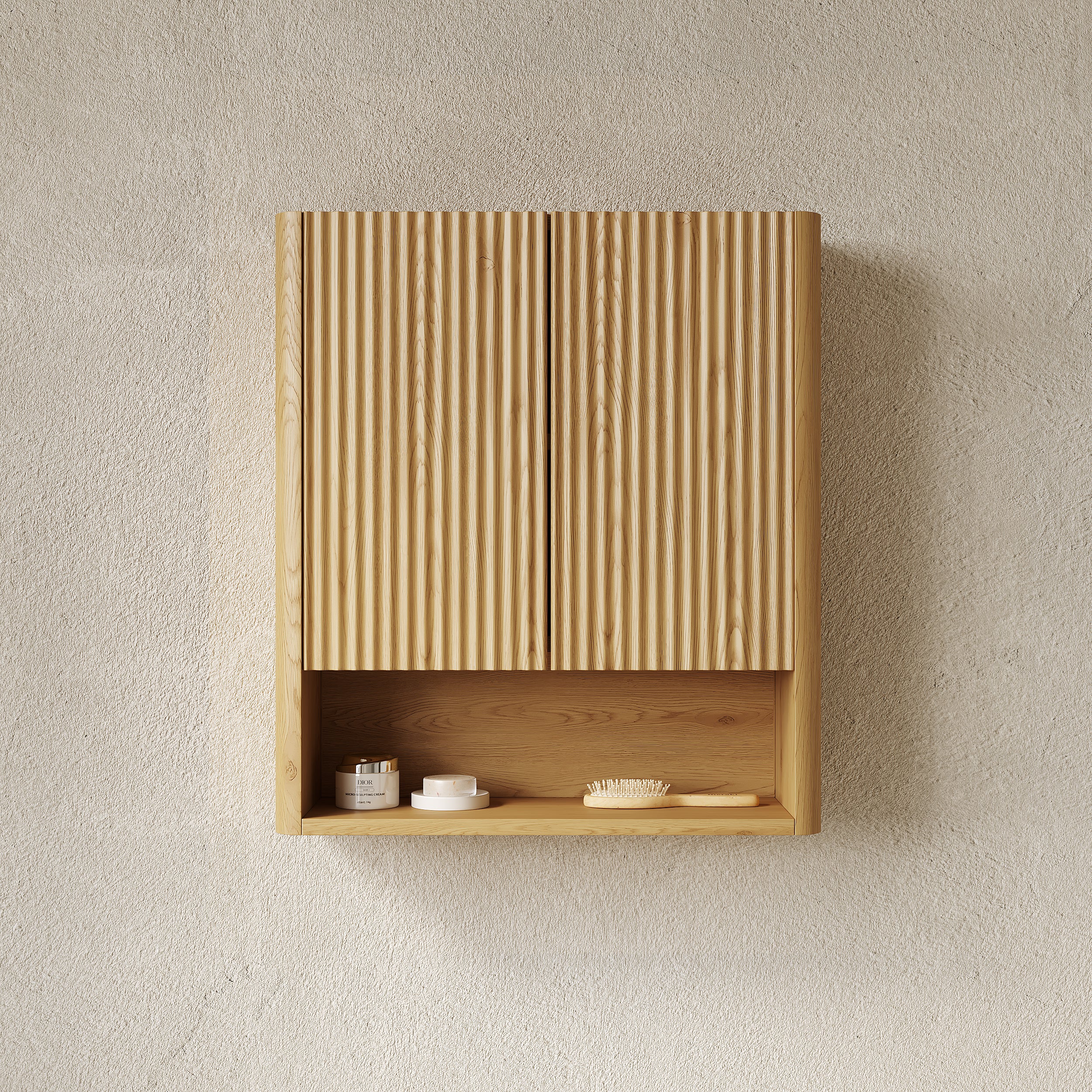 ZULA 26" Wall-Mounted Striped Bathroom Cabinet, with Doors, Shelf and Open Storage Compartment Over The Toilet Storage Cabinet for Bathroom, Kitchen, Laundry Room, Corolla Oak Woodgrain Color Finish