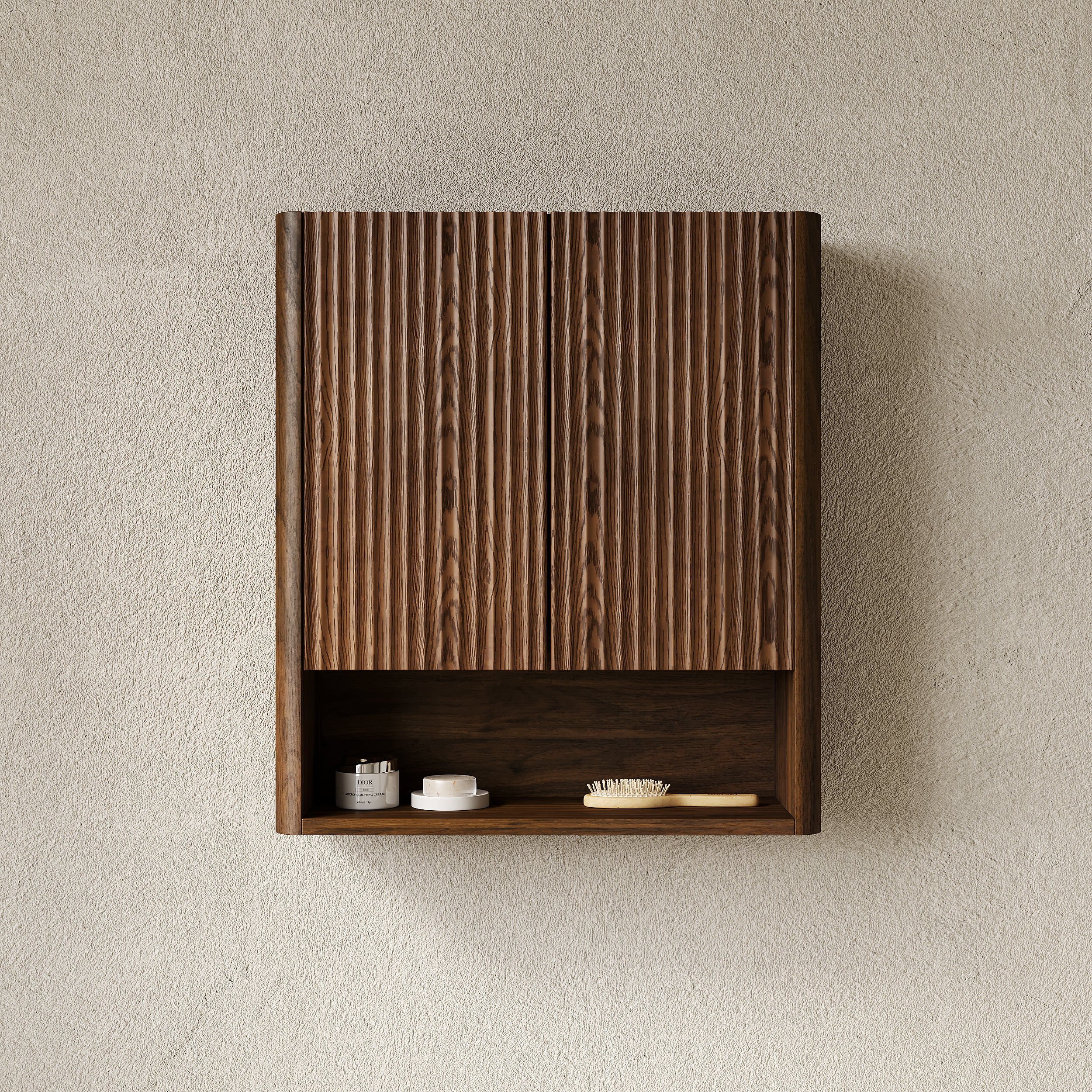 ZULA 26" Wall-Mounted Striped Bathroom Cabinet, with Doors, Shelf and Open Storage Compartment Over The Toilet Storage Cabinet for Bathroom, Kitchen, Laundry Room, Dark Walnut Woodgrain Color Finish