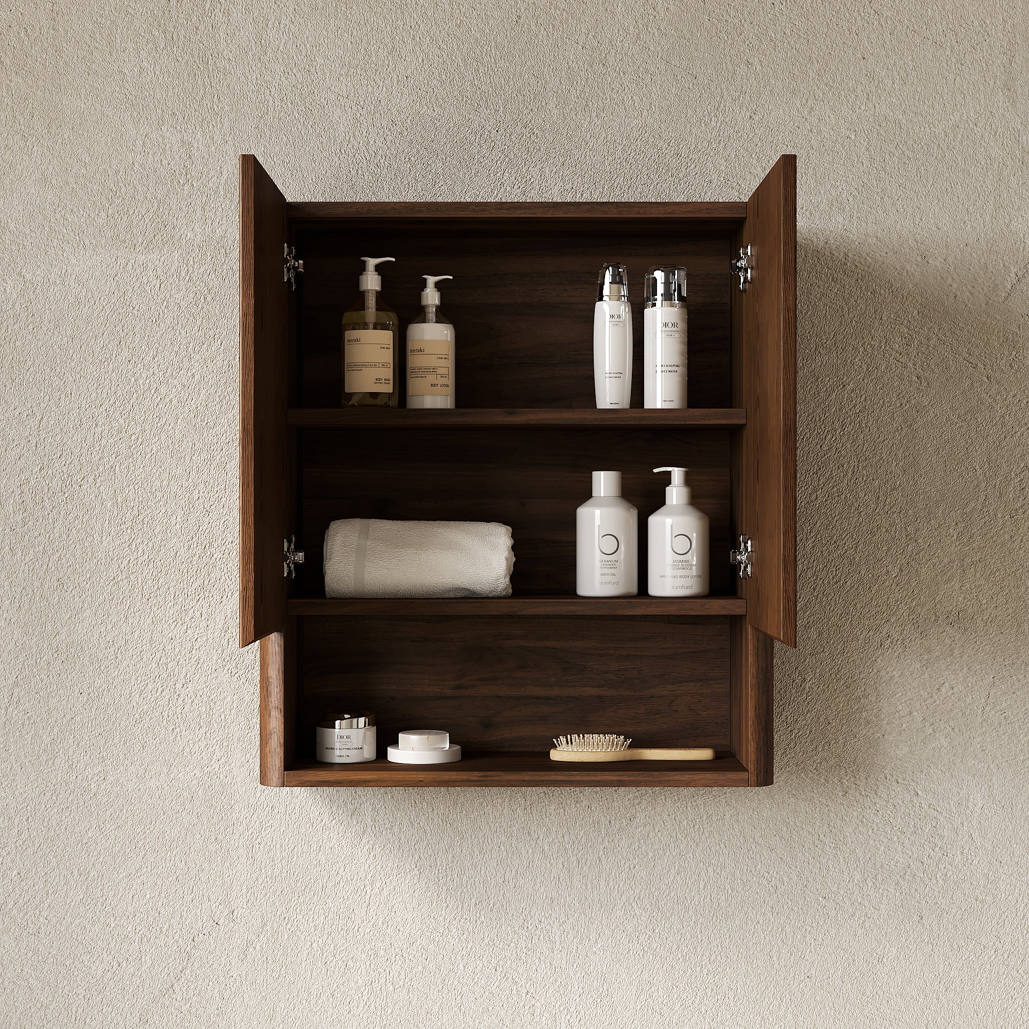 ZULA 26" Wall-Mounted Striped Bathroom Cabinet, with Doors, Shelf and Open Storage Compartment Over The Toilet Storage Cabinet for Bathroom, Kitchen, Laundry Room, Dark Walnut Woodgrain Color Finish
