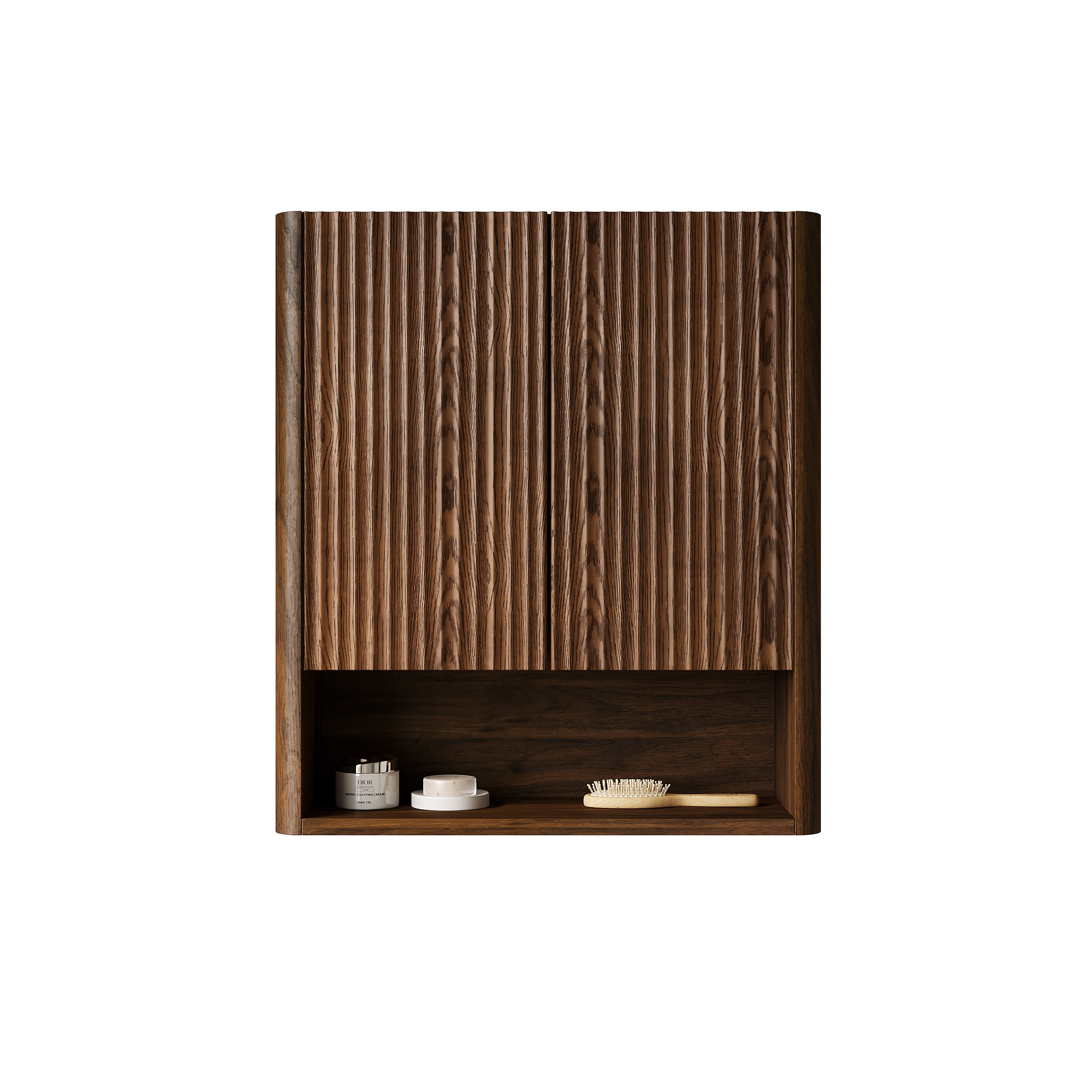 ZULA 26" Wall-Mounted Striped Bathroom Cabinet, with Doors, Shelf and Open Storage Compartment Over The Toilet Storage Cabinet for Bathroom, Kitchen, Laundry Room, Dark Walnut Woodgrain Color Finish