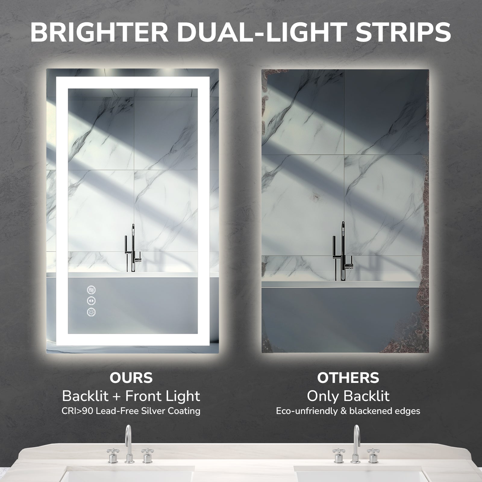 USHOWER Klara Series 60x36 Rectangular LED Bathroom Mirror with CRI 90+ Front and Back Light for Accurate Makeup Use