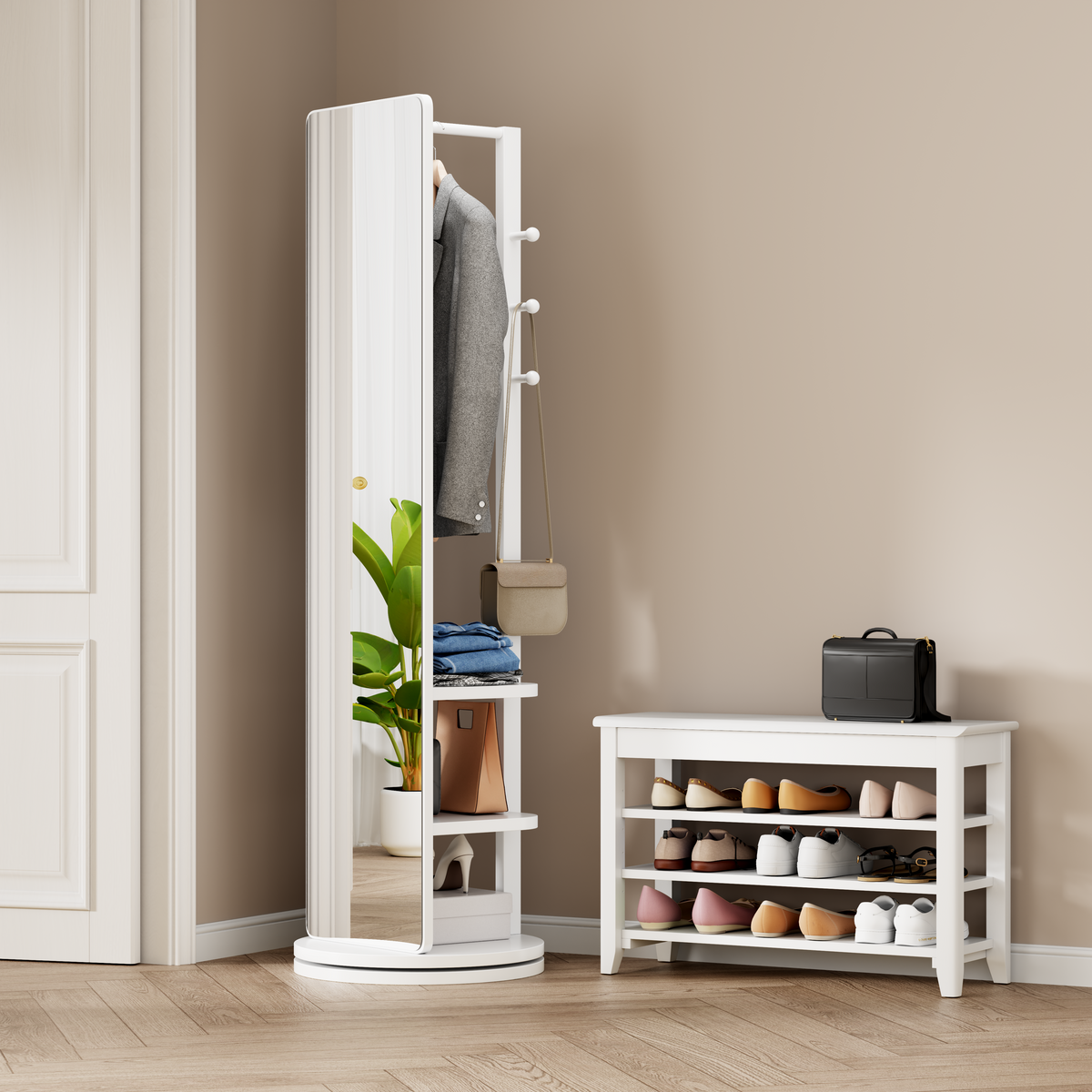 White 360° Rotating Full-Length Mirror, 69" x 20" Solid Wood Floor Mirror with Hooks and Storage Rack for Bedroom, Living Room & Entryway