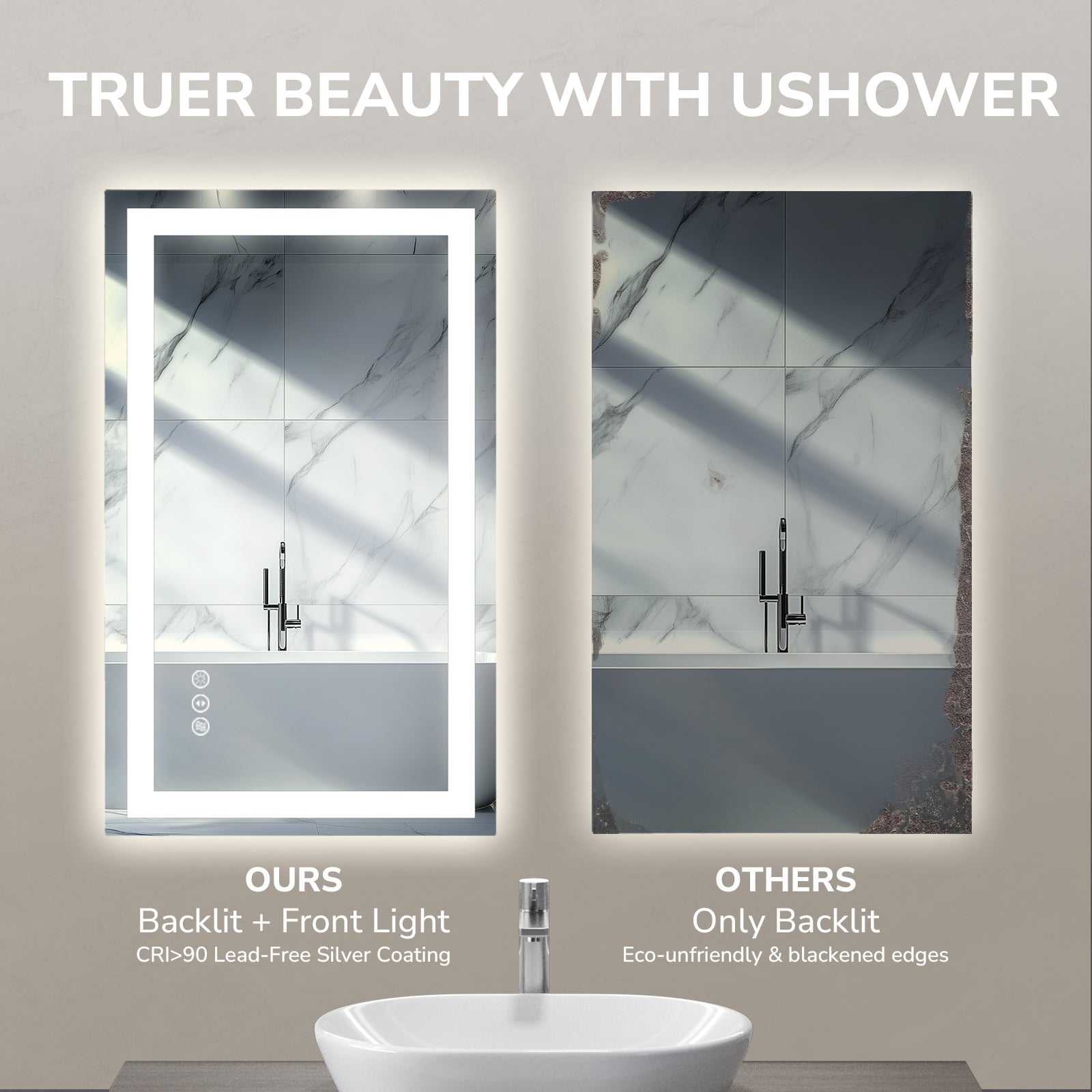 USHOWER Klara Series – 48'' x 36'' Rectangular LED Bathroom Mirror