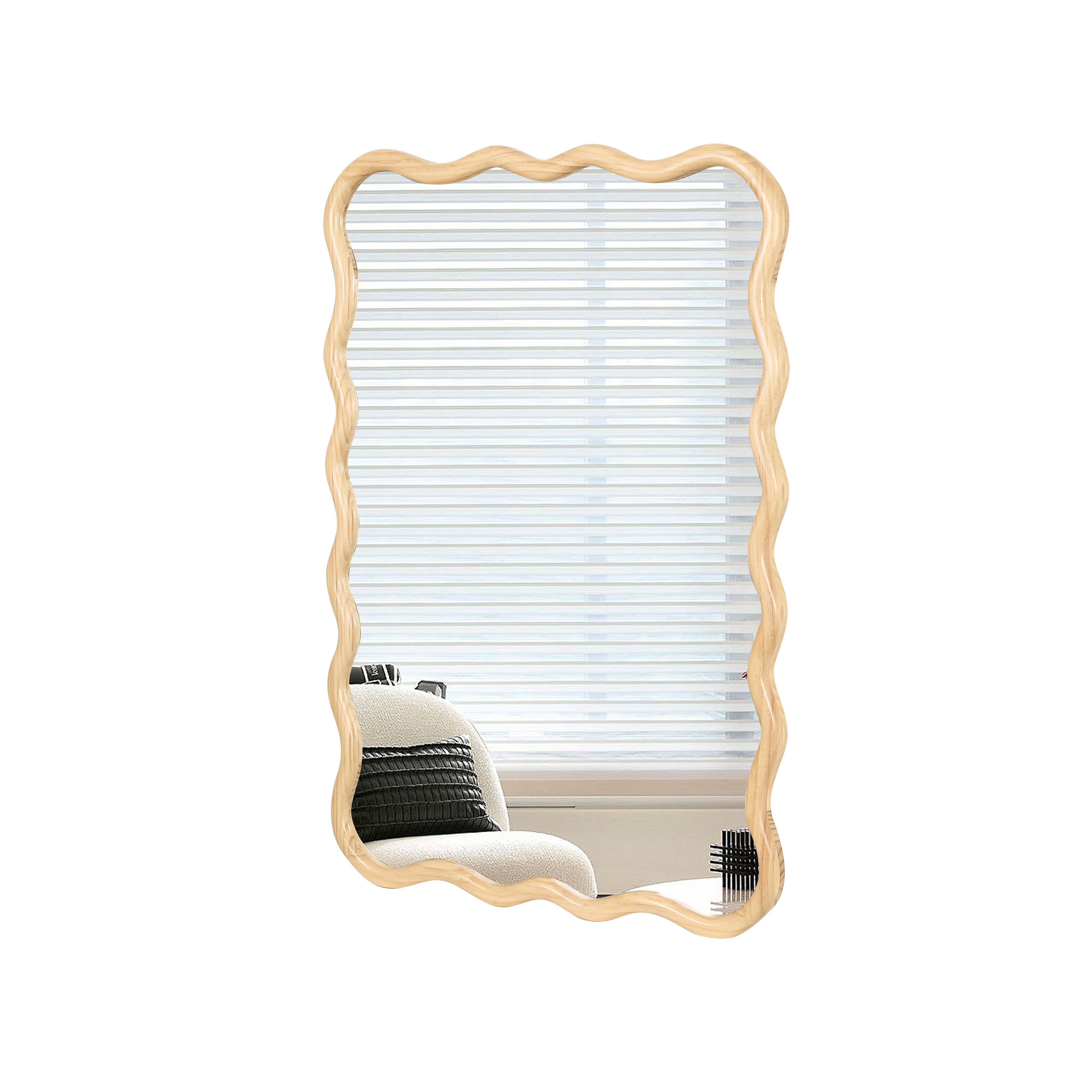 Wavy Rectangular Natural Wood Beige Wall Mirror, Solid Wood, 28'' x 39.8''