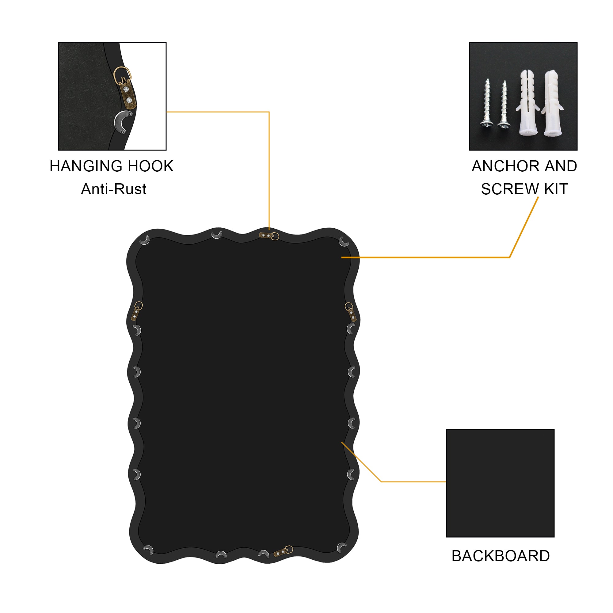 Wavy Rectangular Black Wall Mirror, Solid Wood, 28'' x 39.8''