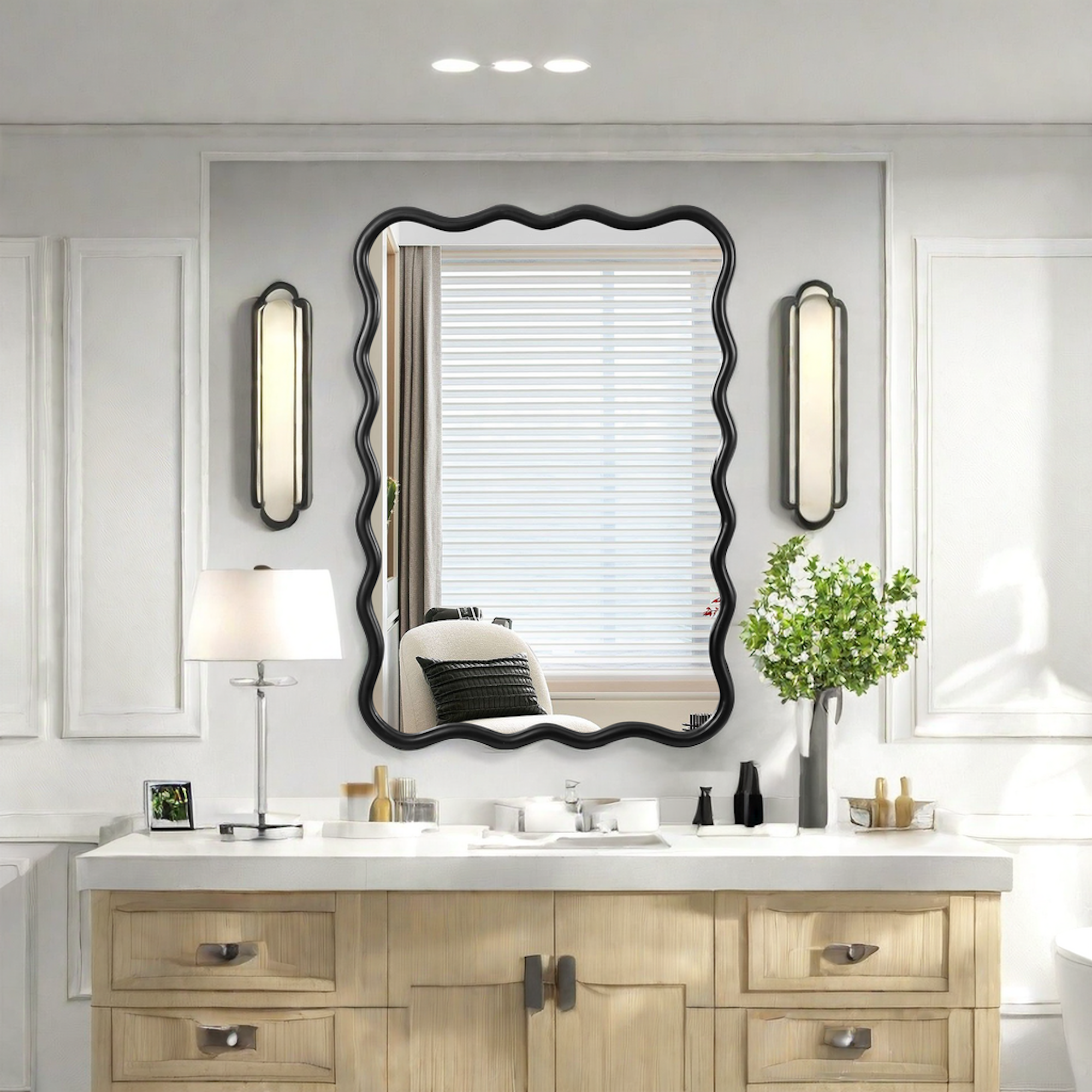 Wavy Rectangular Black Wall Mirror, Solid Wood, 28'' x 39.8''