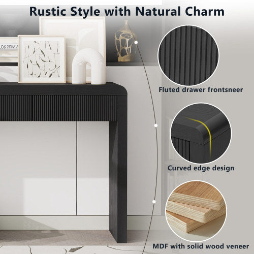TREXM Rustic Fluted Console Table with 3 Drawers, Solid Wood Veneer Entryway Sofa Table with Natural Wood Grain, Black