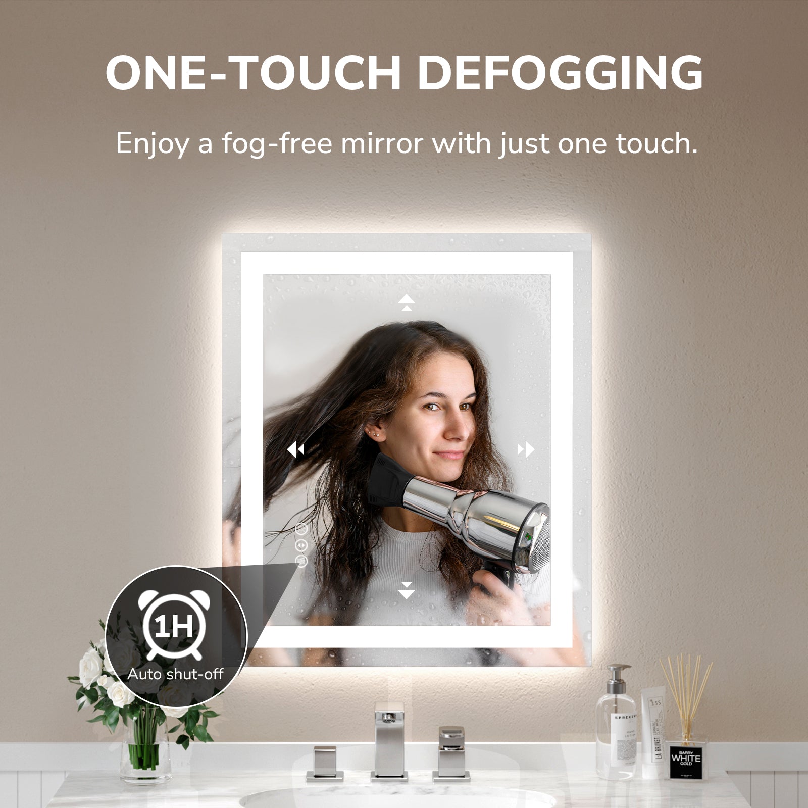 USHOWER Klara Series 32x24 Rectangular LED Bathroom Mirror with One-Touch Anti-Fog Function and Heating Pad