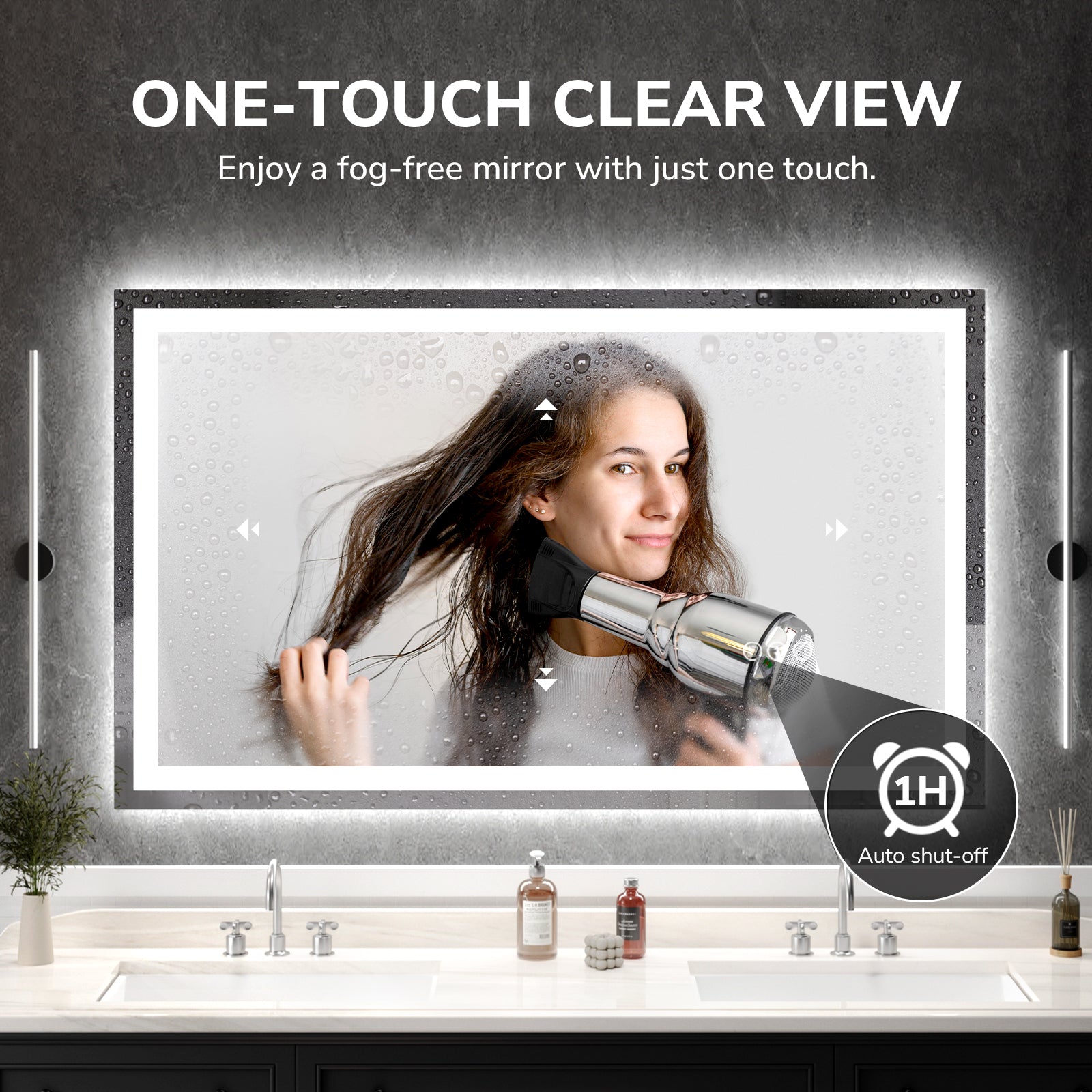 USHOWER Klara Series 60x36 Rectangular LED Bathroom Mirror with One-Touch Anti-Fog Function and Heating Pad
