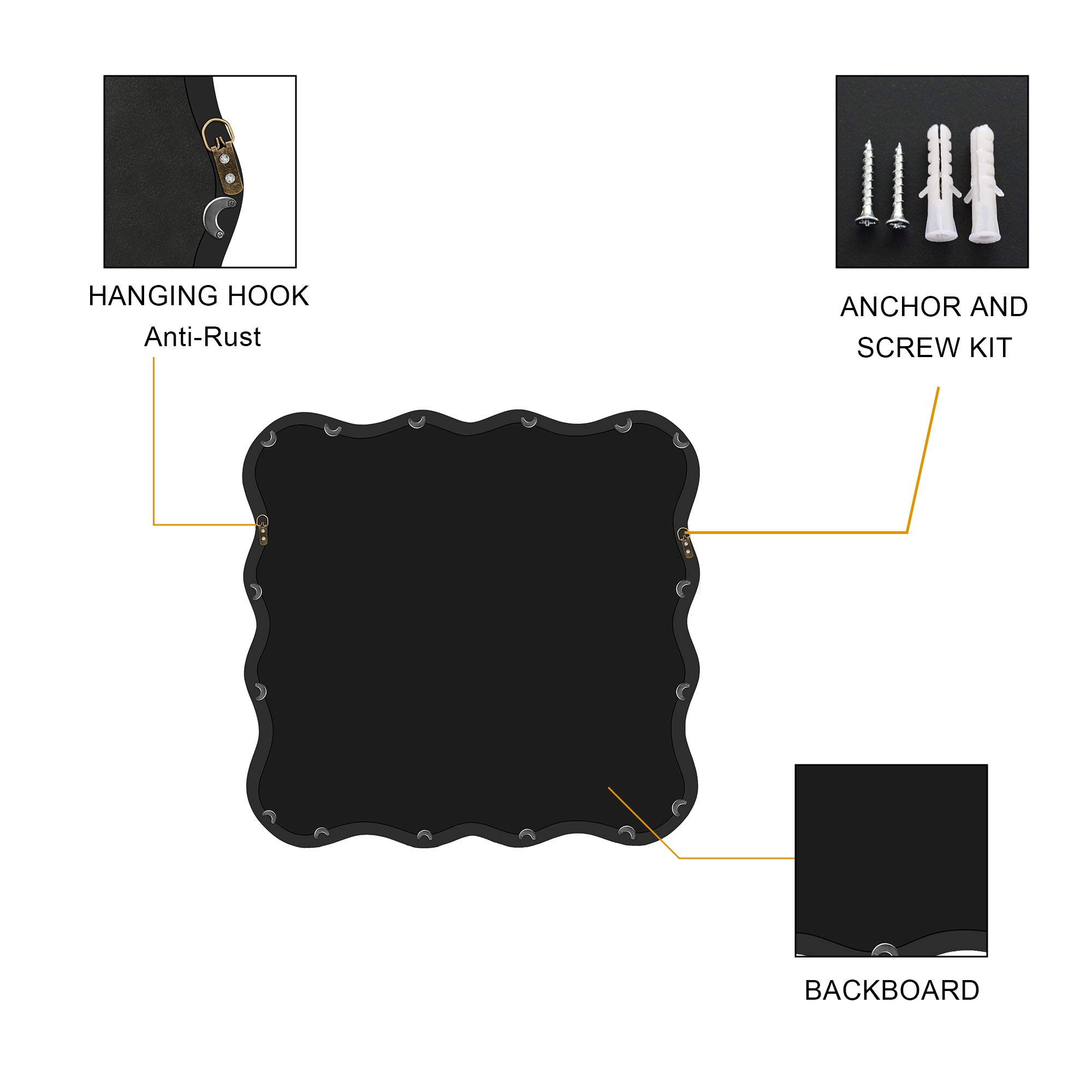 Wavy Square Black Wall Mirror, Solid Wood, 35.8'' x 35.8''