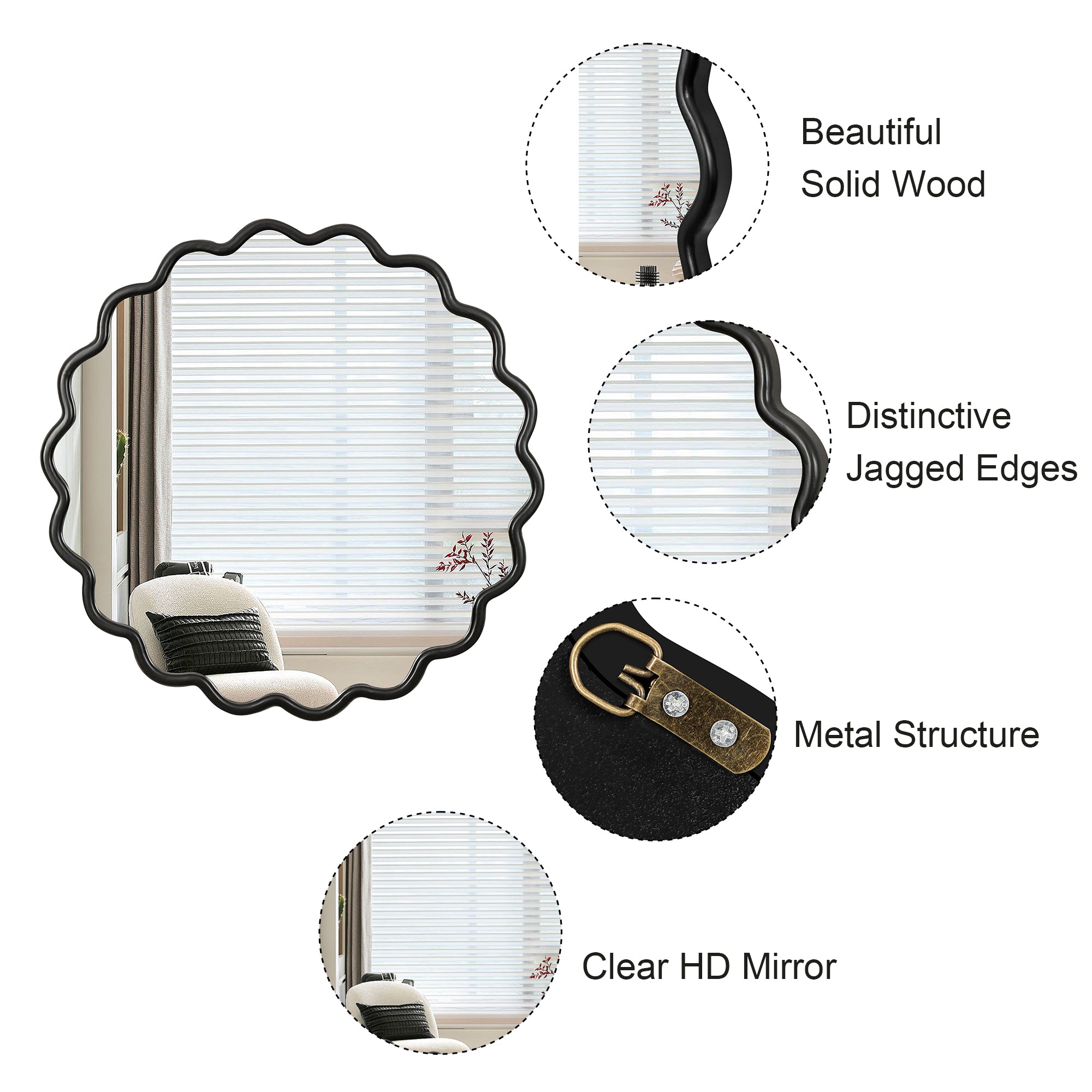 Wavy Round Black Wall Mirror, Solid Wood, 31.1'' Diameter