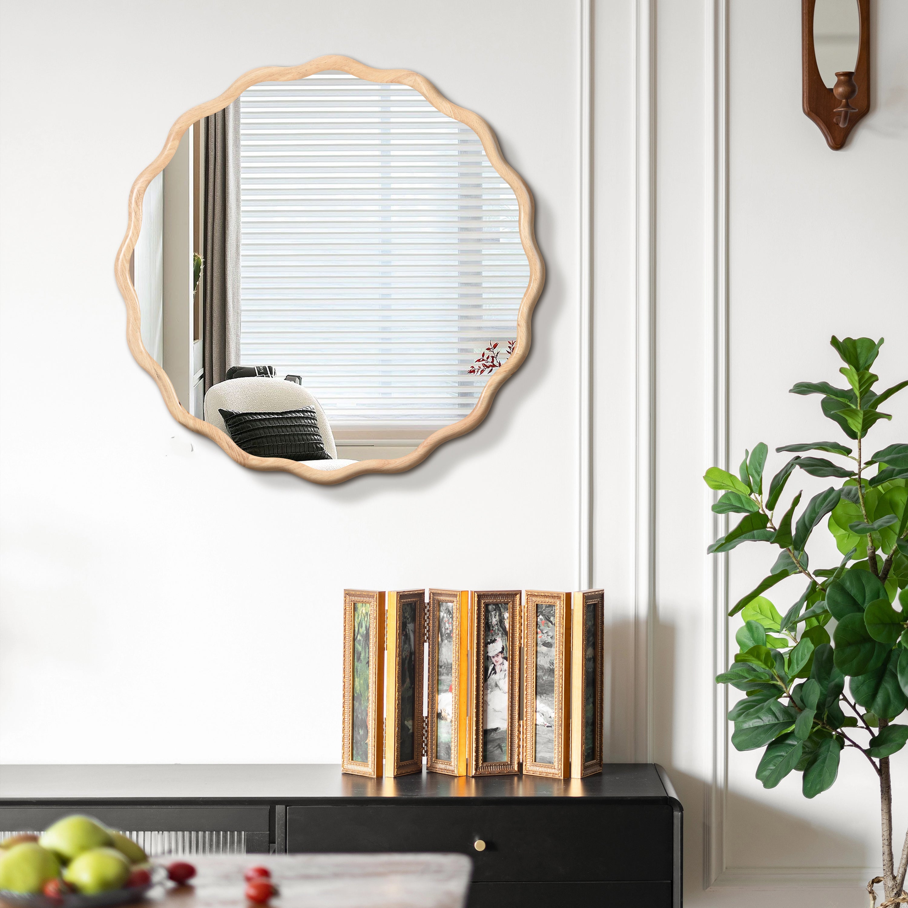Wavy Round Natural Wood Beige Wall Mirror, Solid Wood, 31.1'' Diameter