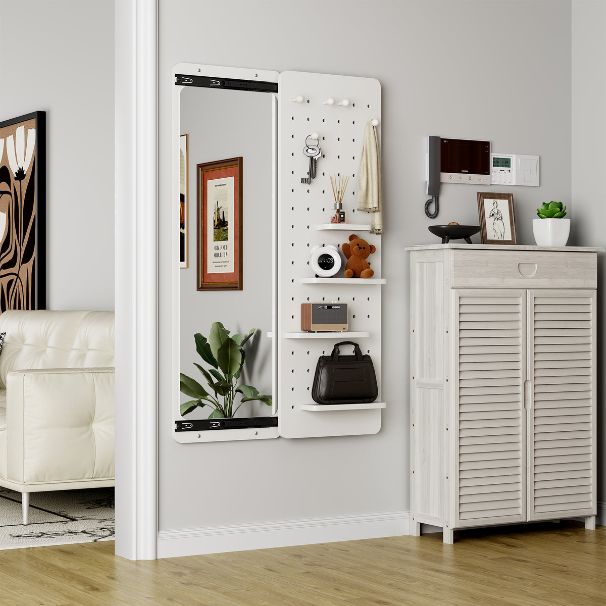 White Wall-Mounted Full-Length Mirror, 47.6 x 15.7 Inch Sliding Space-Saving Mirror with Multi-Functional Panel for Bedroom, Living Room & Entryway