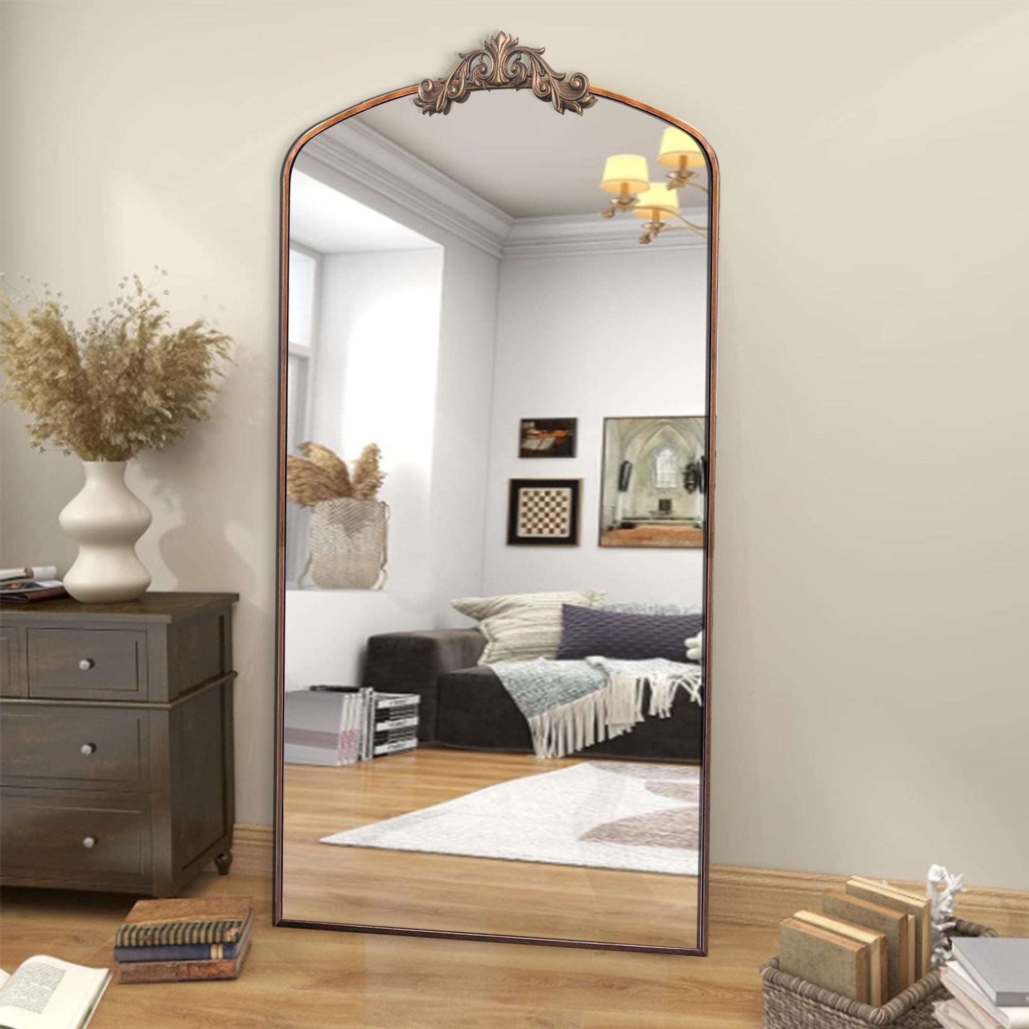 Full Length Mirror 36'' x 66'' Vintage Ornate Arched Floor Mirror, Antique Bronze Metal Framed Mirror Dressing Mirror Oversized Wall Mirror, for Entryway, Living Room, Bedroom, Clothing Shop