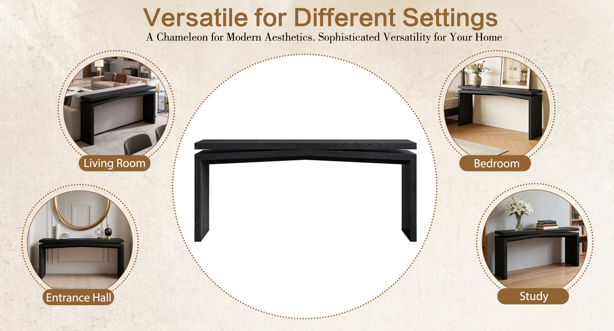 65-Inch Rustic Solid Wood Veneer Console Table, Farmhouse Sofa Table for Entryway, Living Room, Hallway & Behind Couch, Black