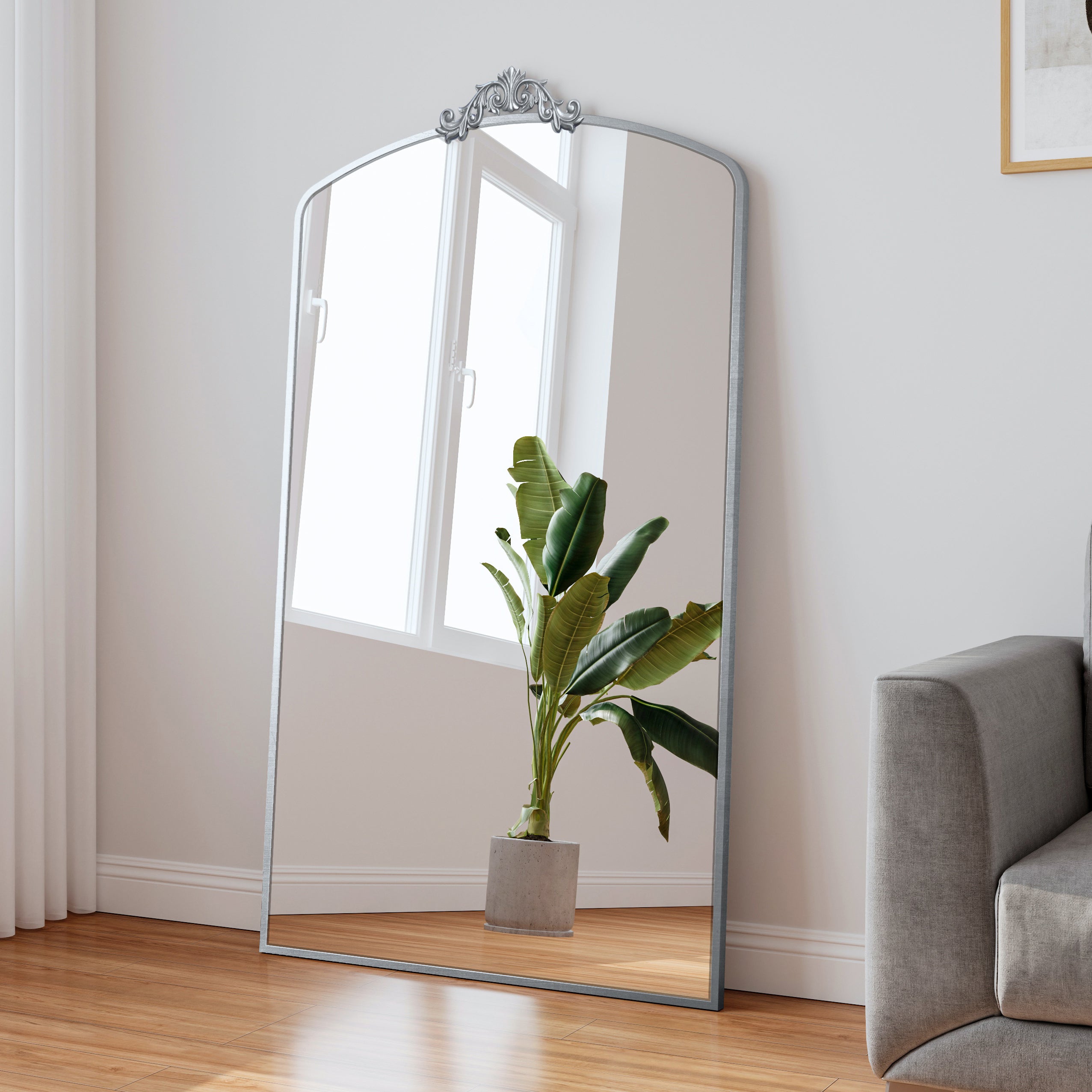 Full Length Mirror 36'' x 66'' Vintage Ornate Arched Floor Mirror, Antique Silver Metal Framed Mirror Dressing Mirror Oversized Wall Mirror, for Entryway, Living Room, Bedroom, Clothing Shop