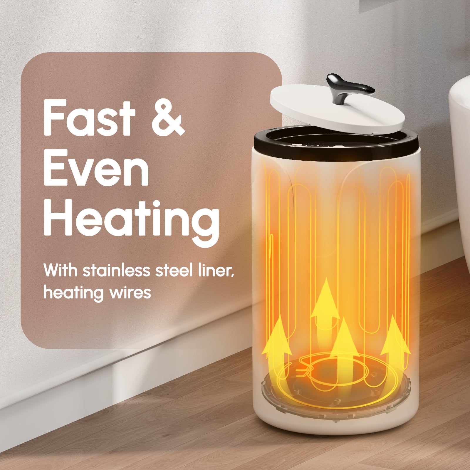 Fast and even heating towel warmer with stainless steel liner and heating wires