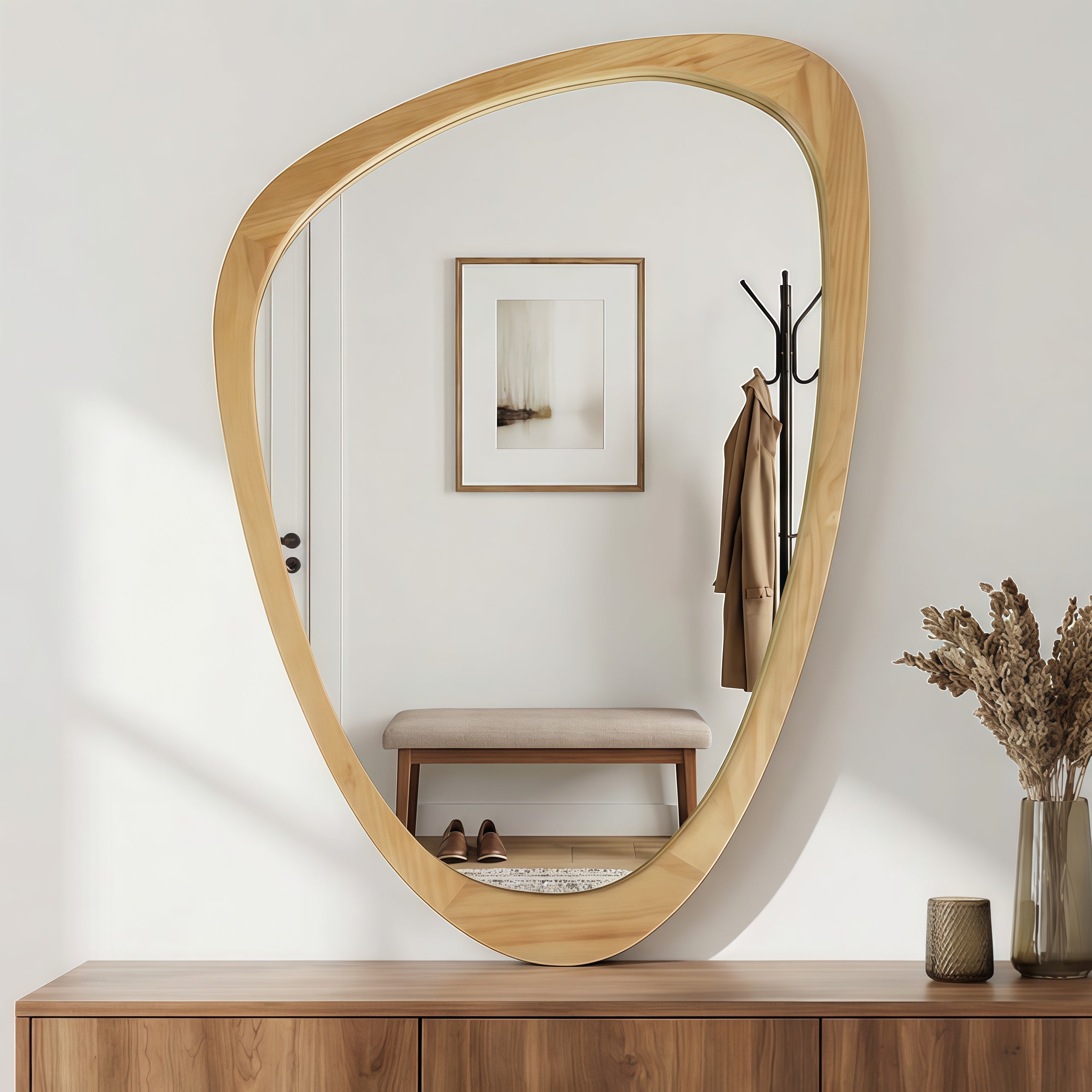 24" x 36" Oak Irregular Wood Frame Mirror|Solid Wood Frame Decorative Bathroom Vanity Mirror for Bedroom, Living Room & Entryway