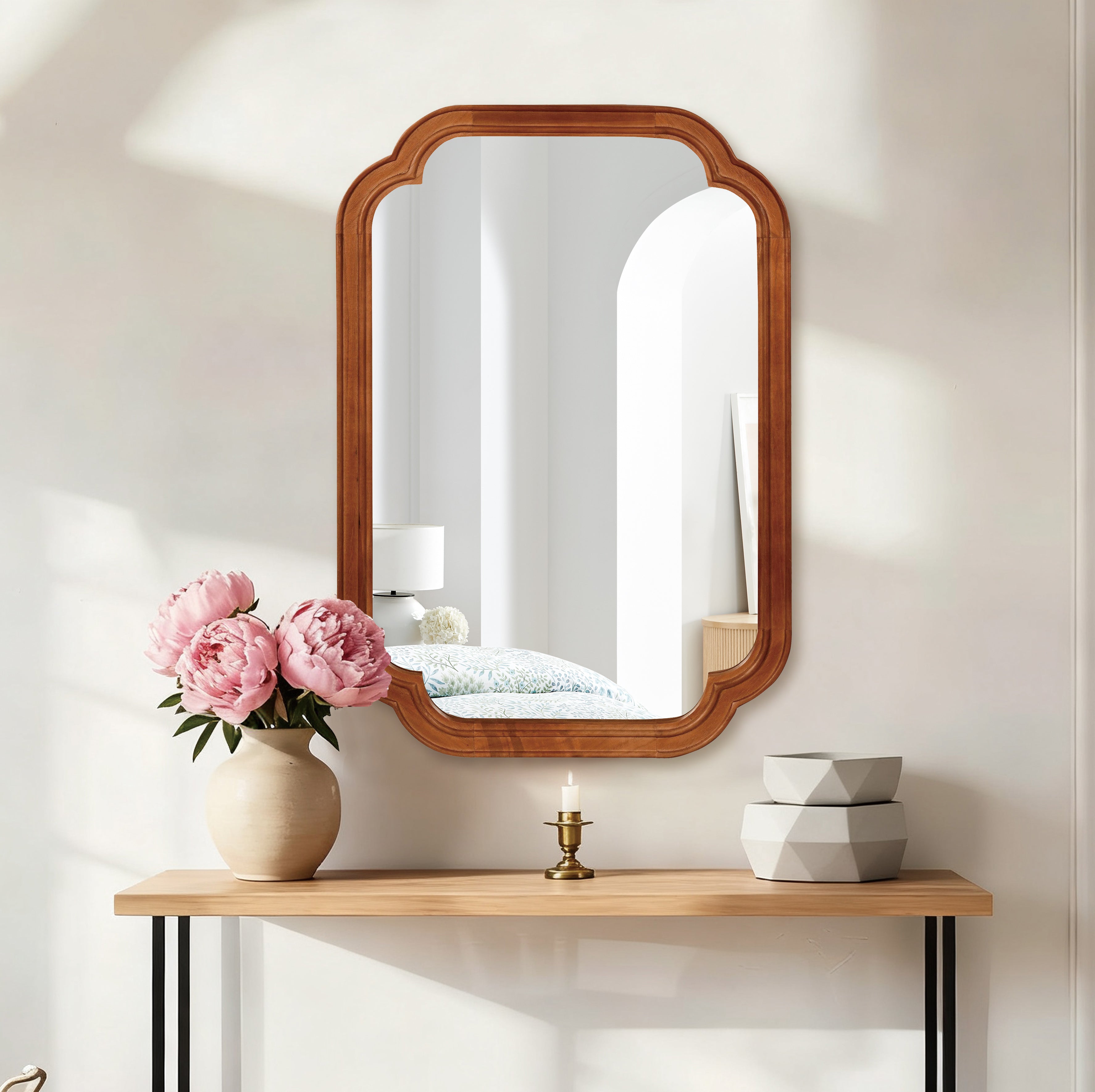 Yellowish Brown 20" x 30" Solid Wood Frame Rounded Corner Wall Mirror, Decorative Wall Mirror for Bedroom