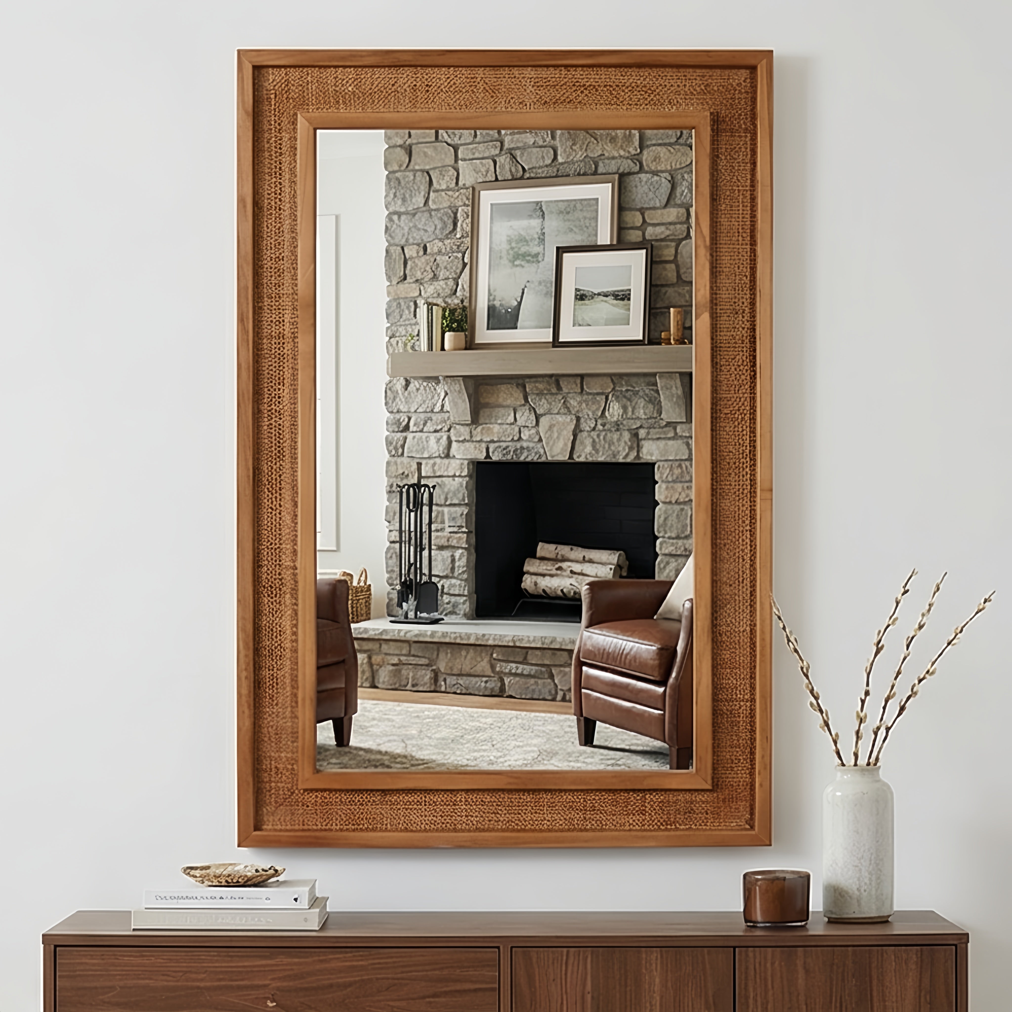24" x 36" Decorative Mirror, Yellowish Brown Rattan Rectangle Solid Wood Frame, For Farmhouse,Home Decor,Entryway(副本)