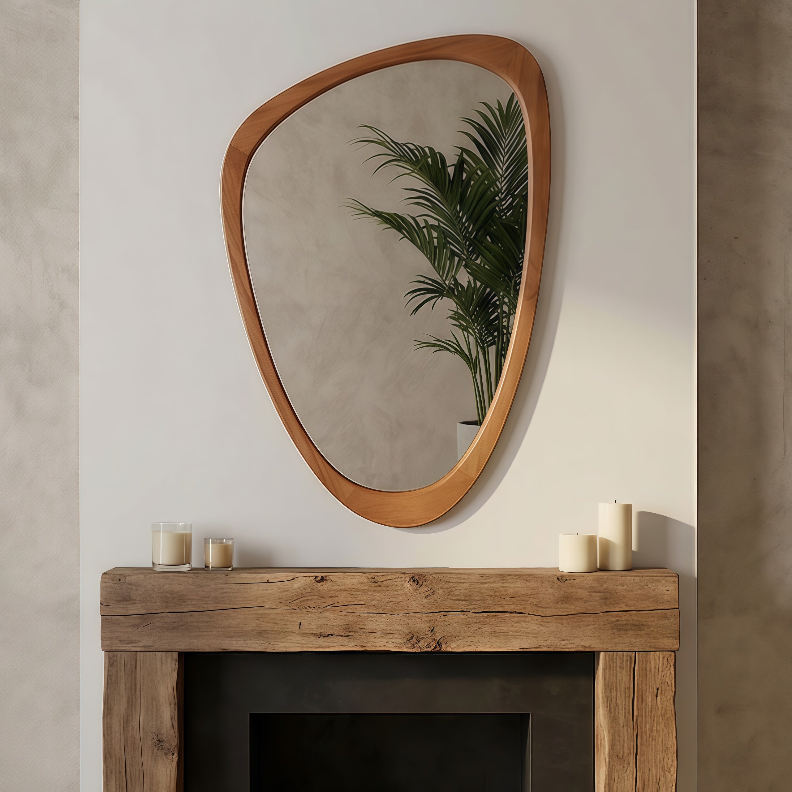 24" x 36" Yellowish-Brown Irregular Wood Frame Mirror|Solid Wood Frame Decorative Bathroom Vanity Mirror for Bedroom, Living Room & Entryway