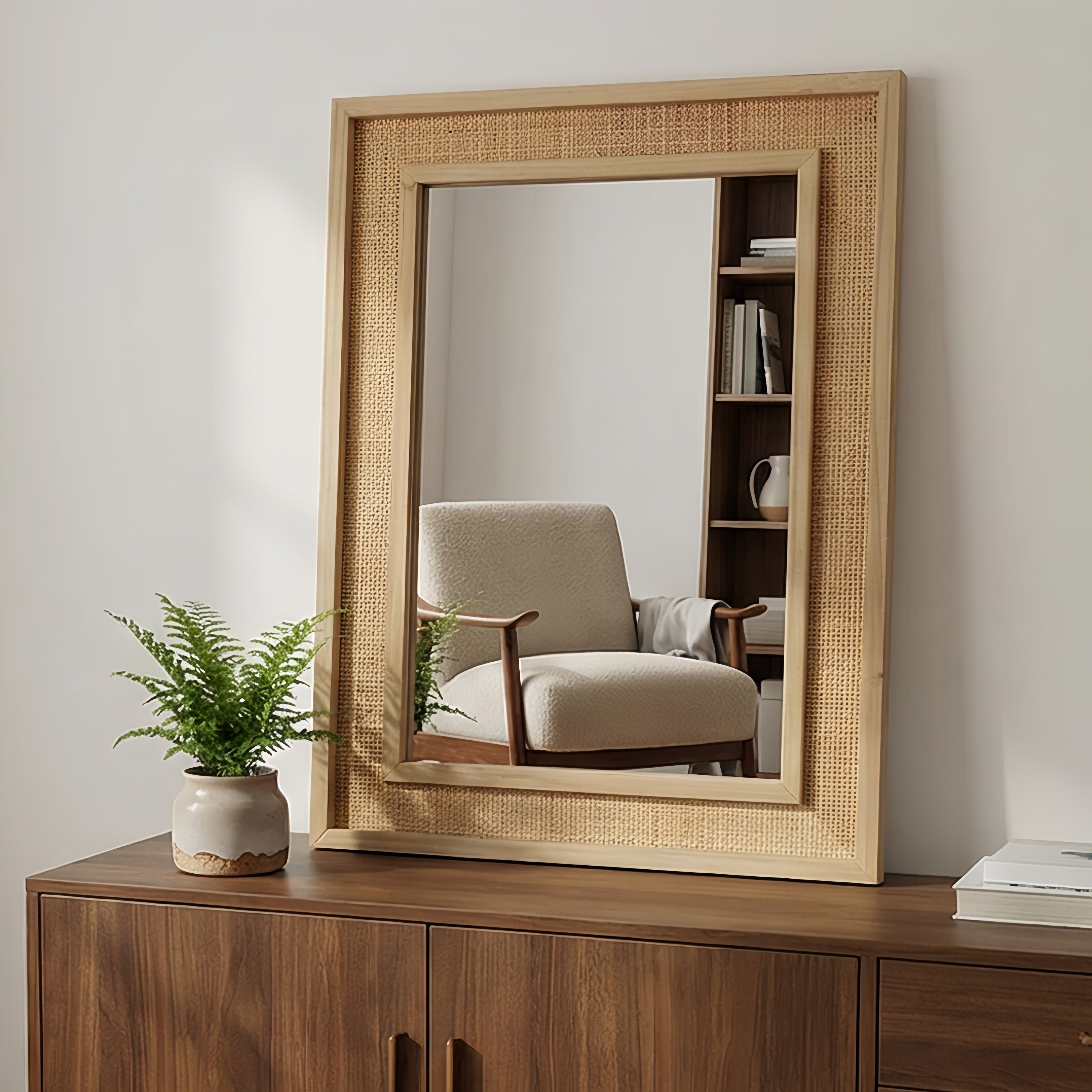 24" x 36" Decorative Mirror, Natural Wood Color Rattan Rectangle Solid Wood Frame, For Farmhouse,Home Decor,Entryway