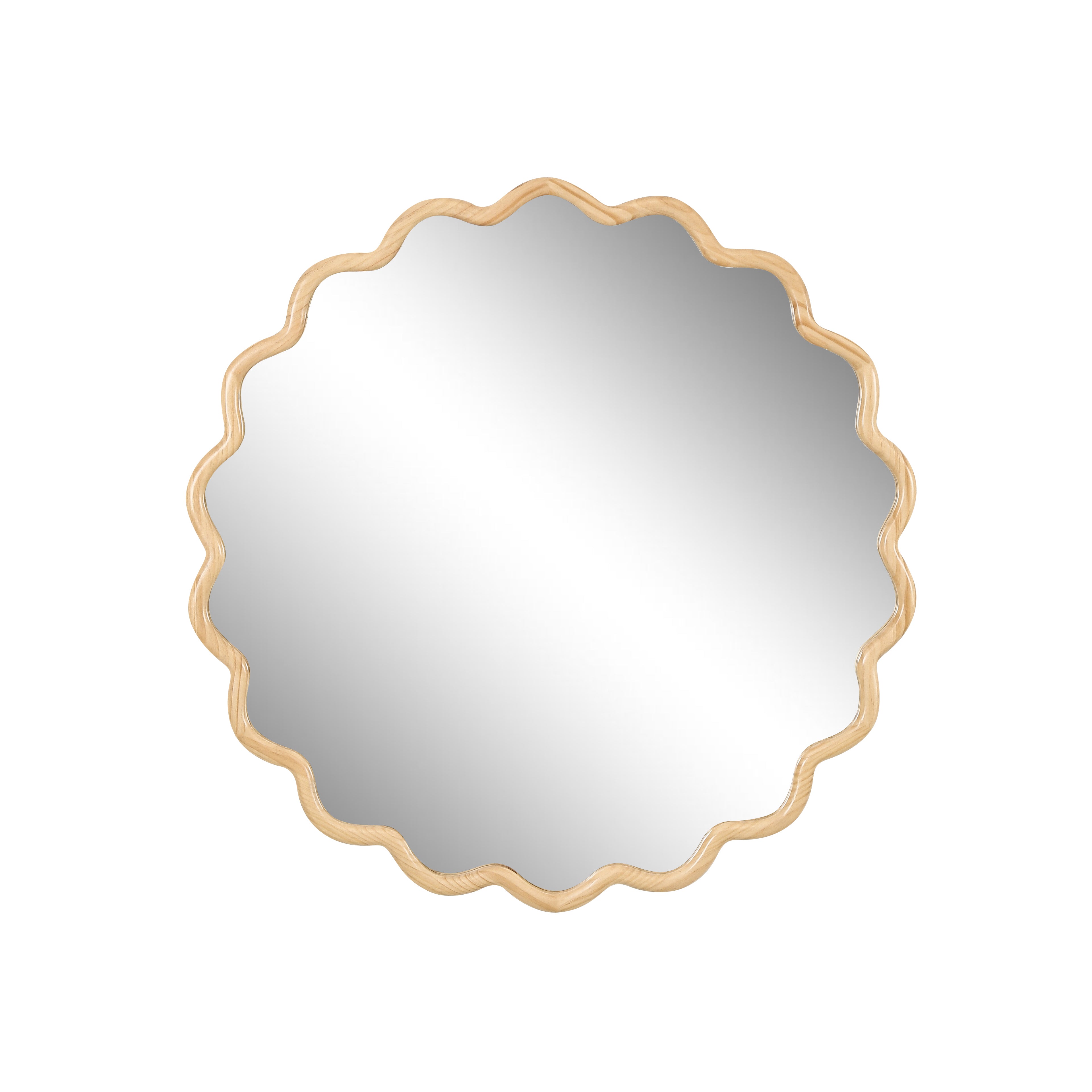 Wavy Round Natural Wood Beige Wall Mirror, Solid Wood, 31.1'' Diameter
