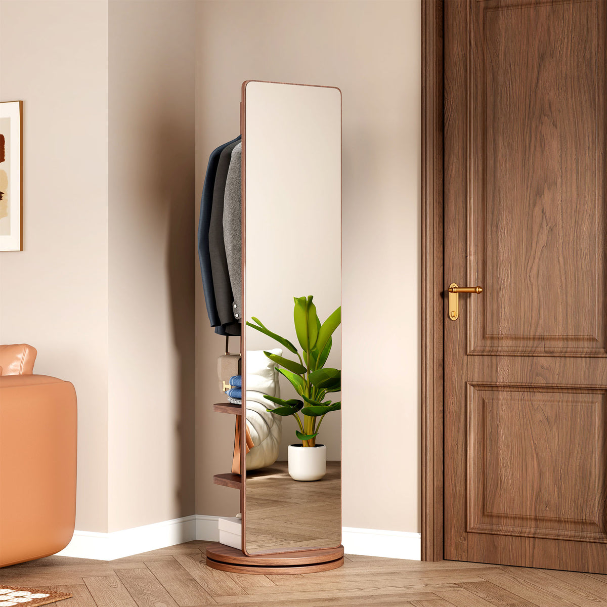 Walnut 360° Rotating Full-Length Mirror, 69" x 20" Solid Wood Floor Mirror with Hooks and Storage Rack for Bedroom, Living Room & Entryway