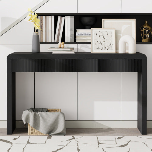 TREXM Rustic Fluted Console Table with 3 Drawers, Solid Wood Veneer Entryway Sofa Table with Natural Wood Grain, Black
