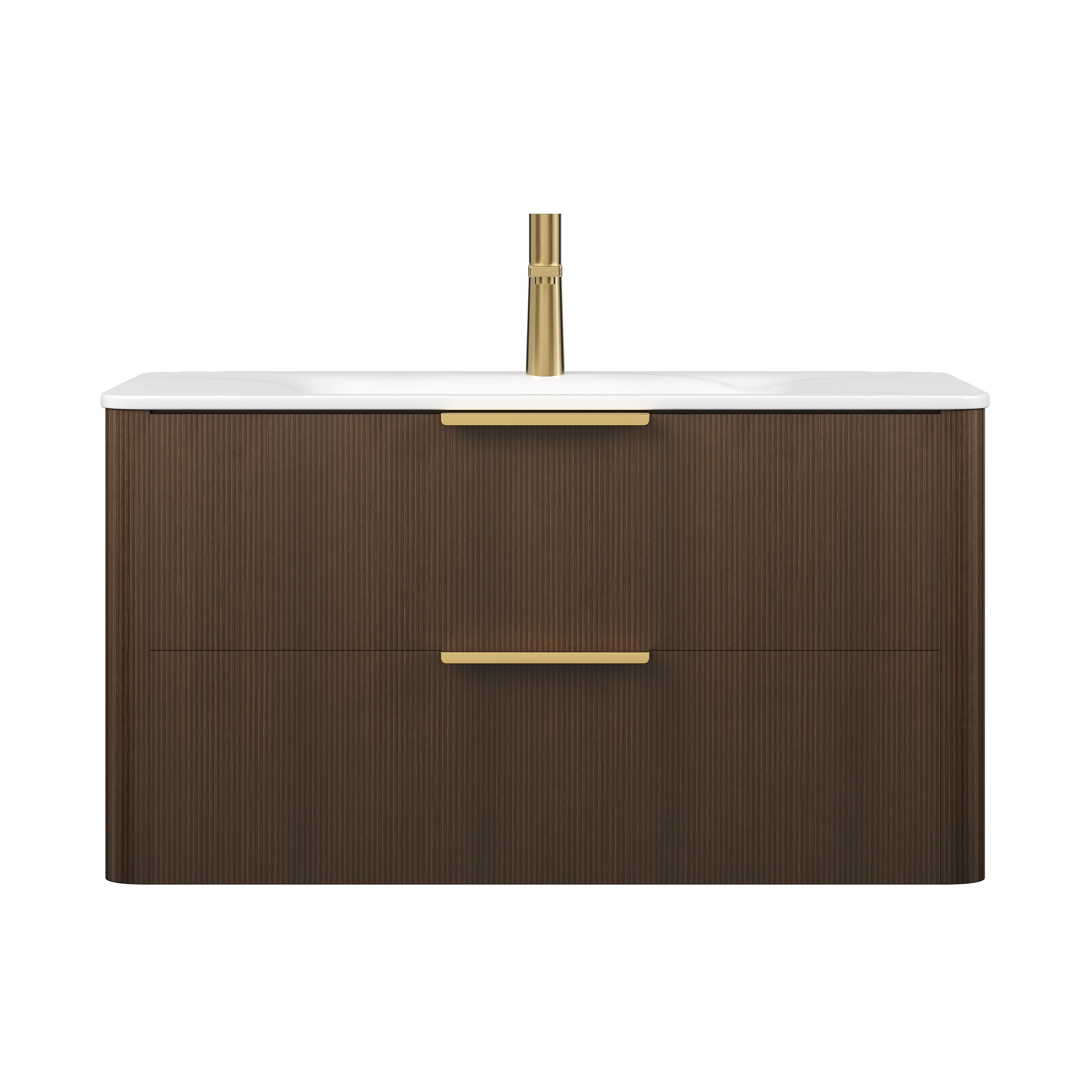 ZANE 36" Bathroom Vanity with Sink, Floating Ultra-Pinstriped Plywood Storage Cabinet with Drawers, Carrara White Sintered Stone Hot-bent Integrated Basin, Pre-assembled, Italy Walnut Woodgrain Color