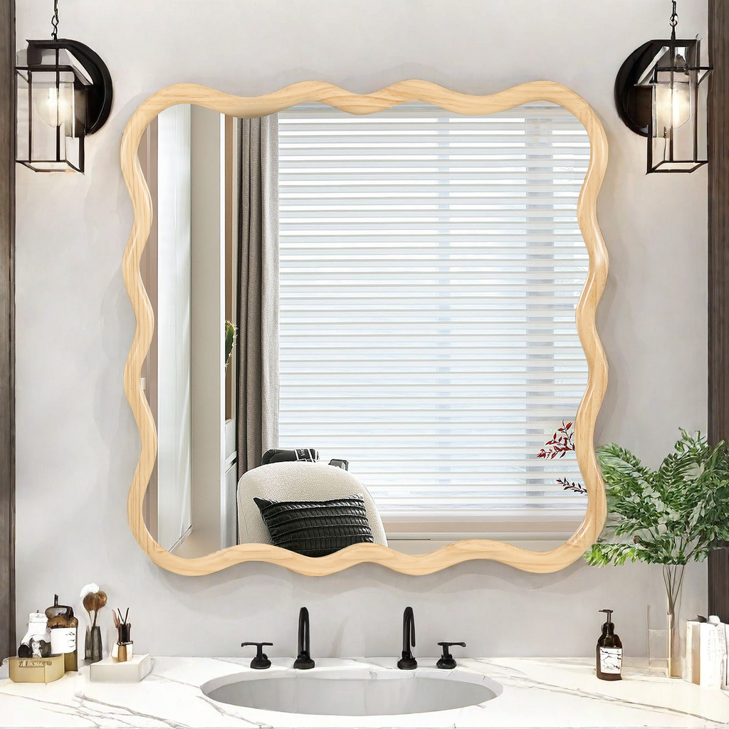 Wavy Square Natural Wood Beige Wall Mirror, Solid Wood, 35.8'' x 35.8''