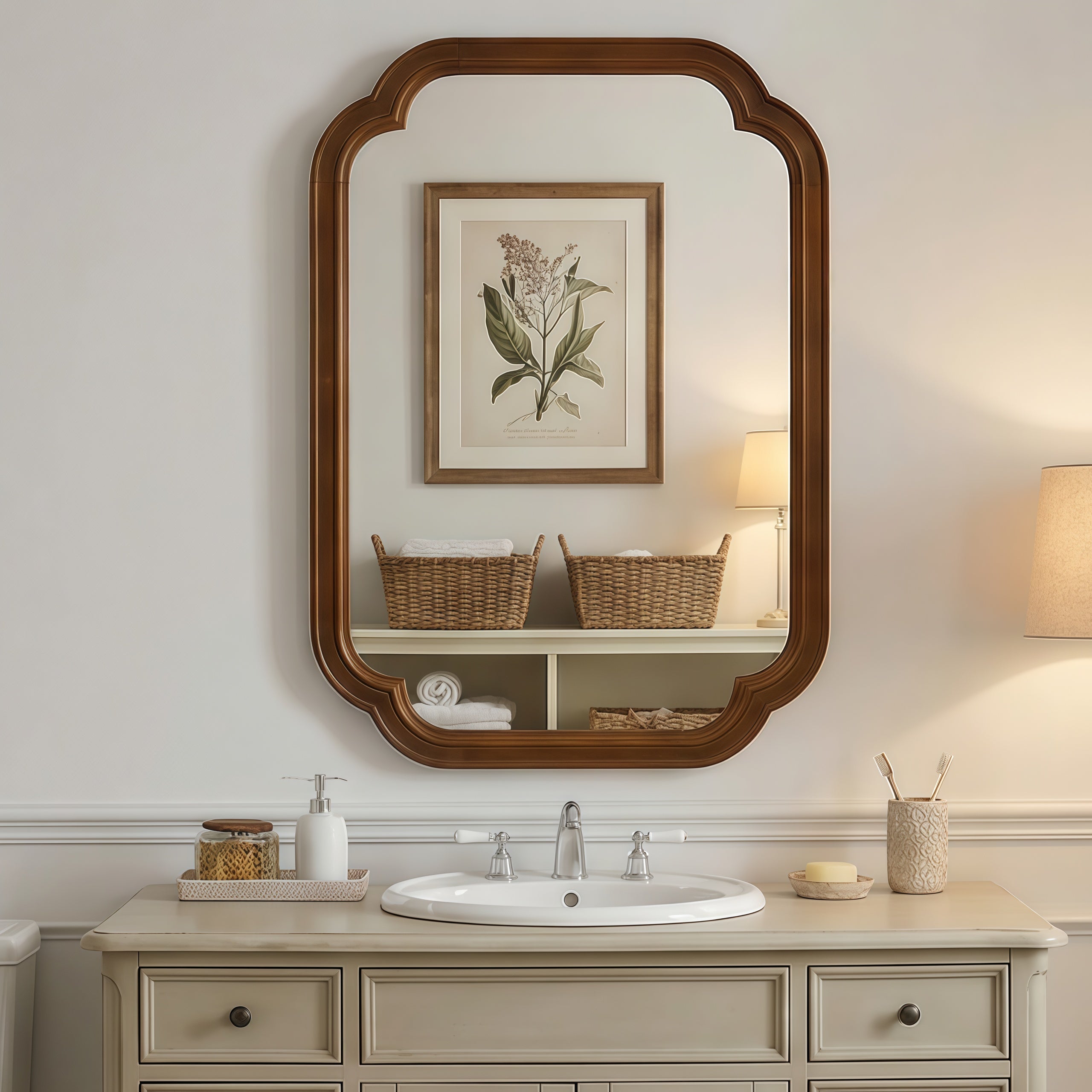 Black Walnut 20" x 30" Solid Wood Frame Rounded Corner Wall Mirror, Elegant Decorative Wall Mirror for Bedroom