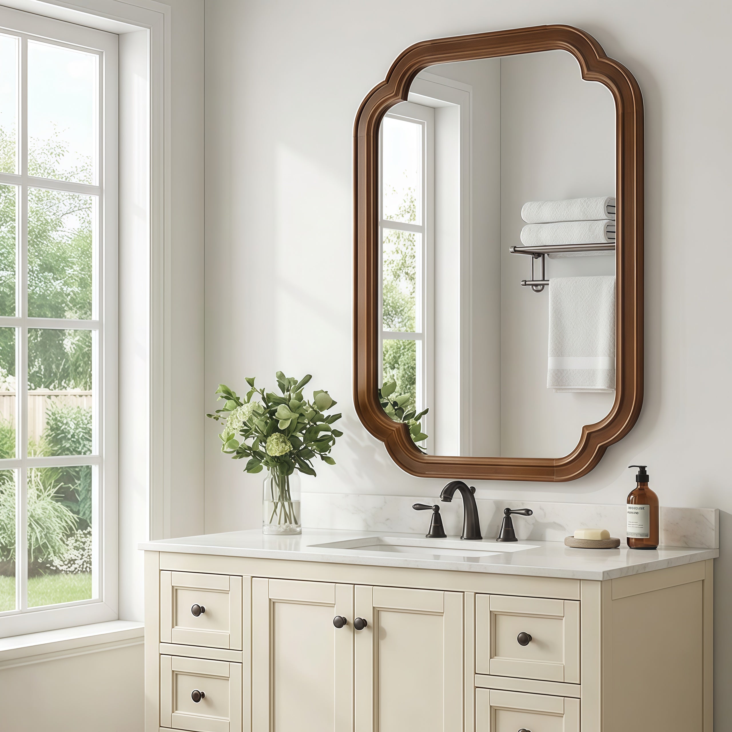 Black Walnut 20" x 30" Solid Wood Frame Rounded Corner Wall Mirror, Elegant Decorative Wall Mirror for Bedroom