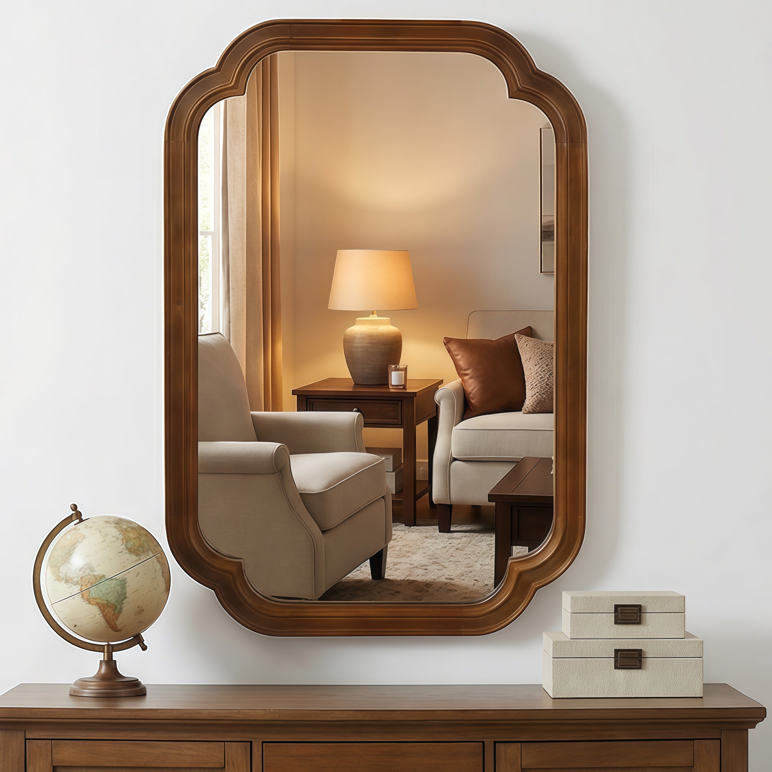 Black Walnut 20" x 30" Solid Wood Frame Rounded Corner Wall Mirror, Elegant Decorative Wall Mirror for Bedroom