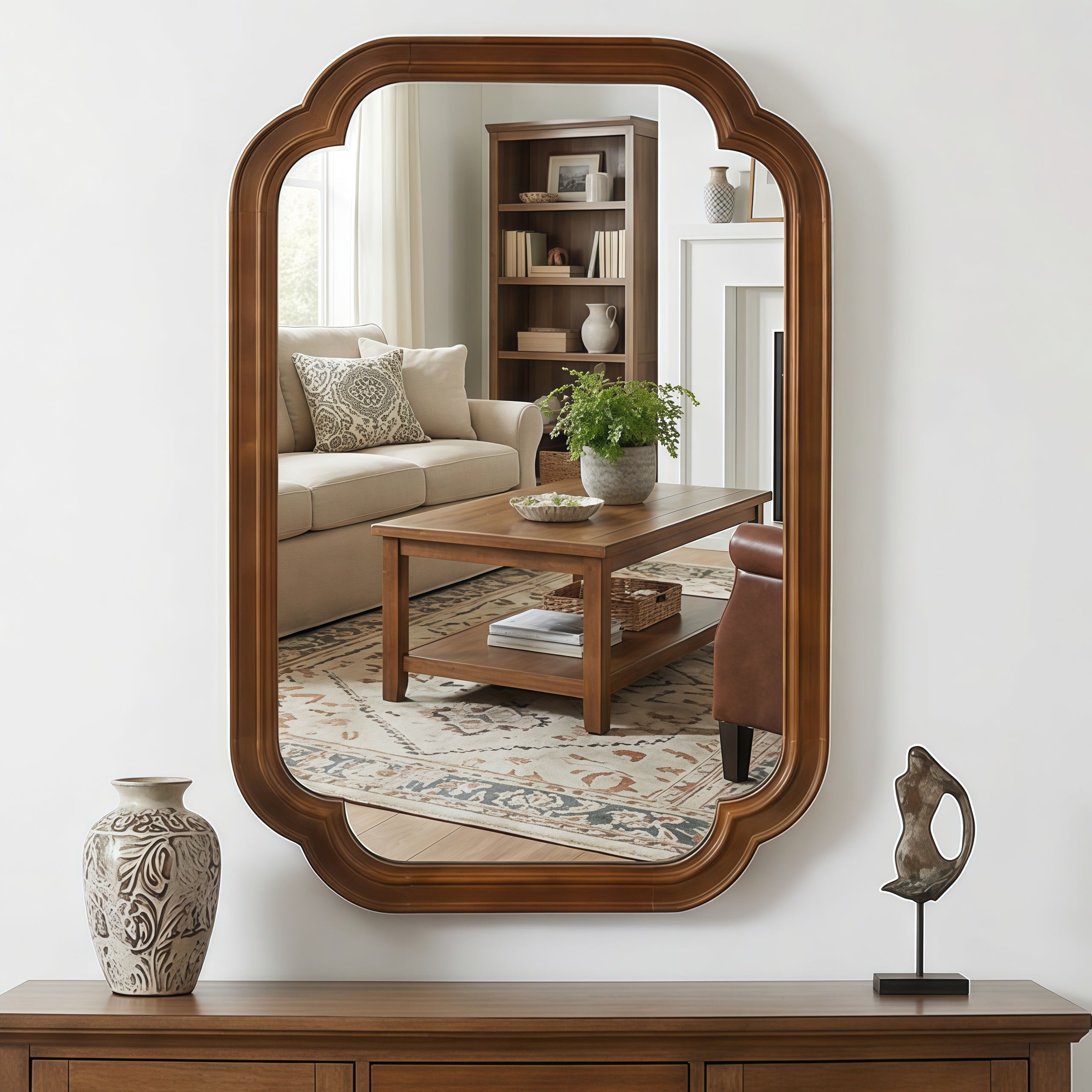 Black Walnut 20" x 30" Solid Wood Frame Rounded Corner Wall Mirror, Elegant Decorative Wall Mirror for Bedroom