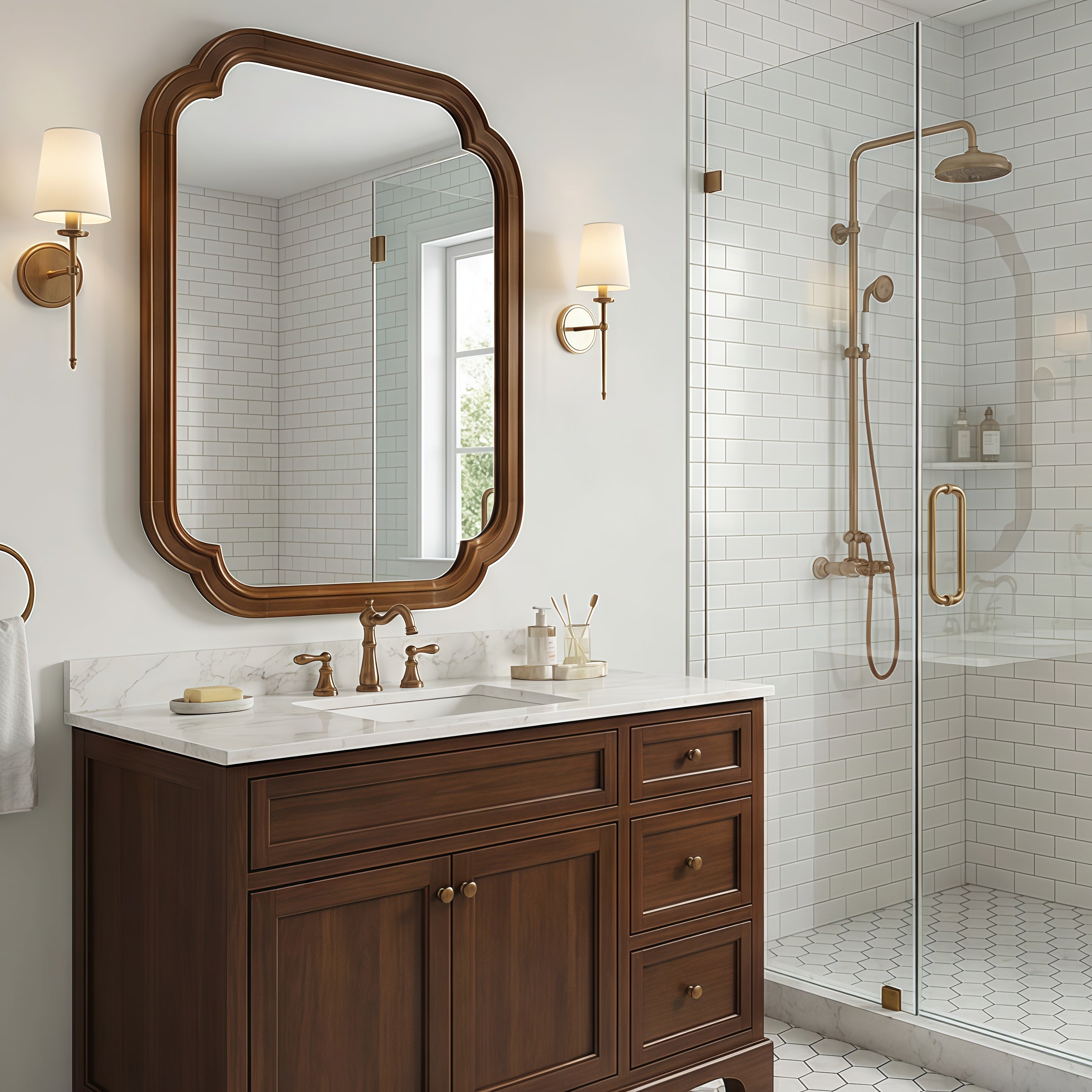 Black Walnut 20" x 30" Solid Wood Frame Rounded Corner Wall Mirror, Elegant Decorative Wall Mirror for Bedroom