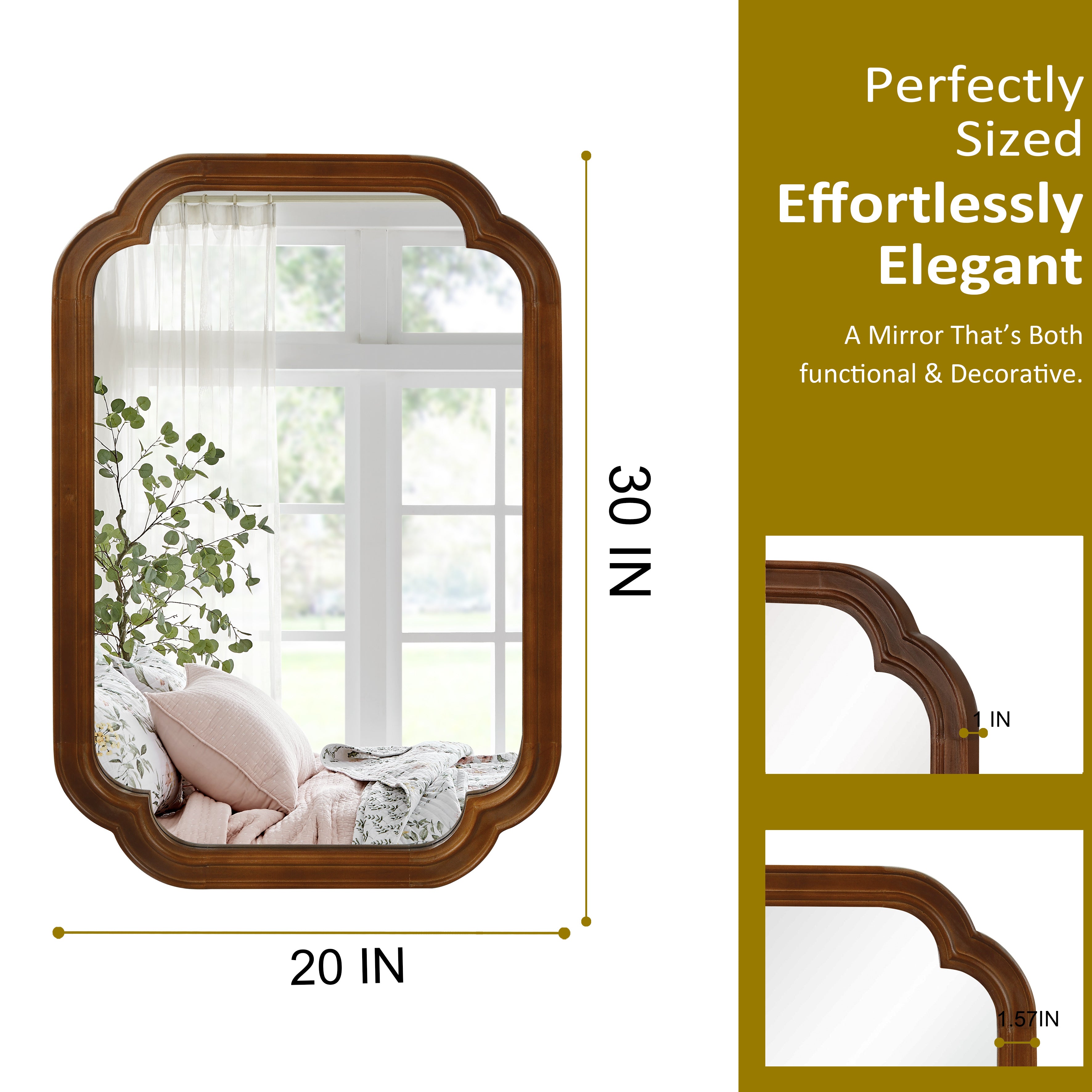 Black Walnut 20" x 30" Solid Wood Frame Rounded Corner Wall Mirror, Elegant Decorative Wall Mirror for Bedroom