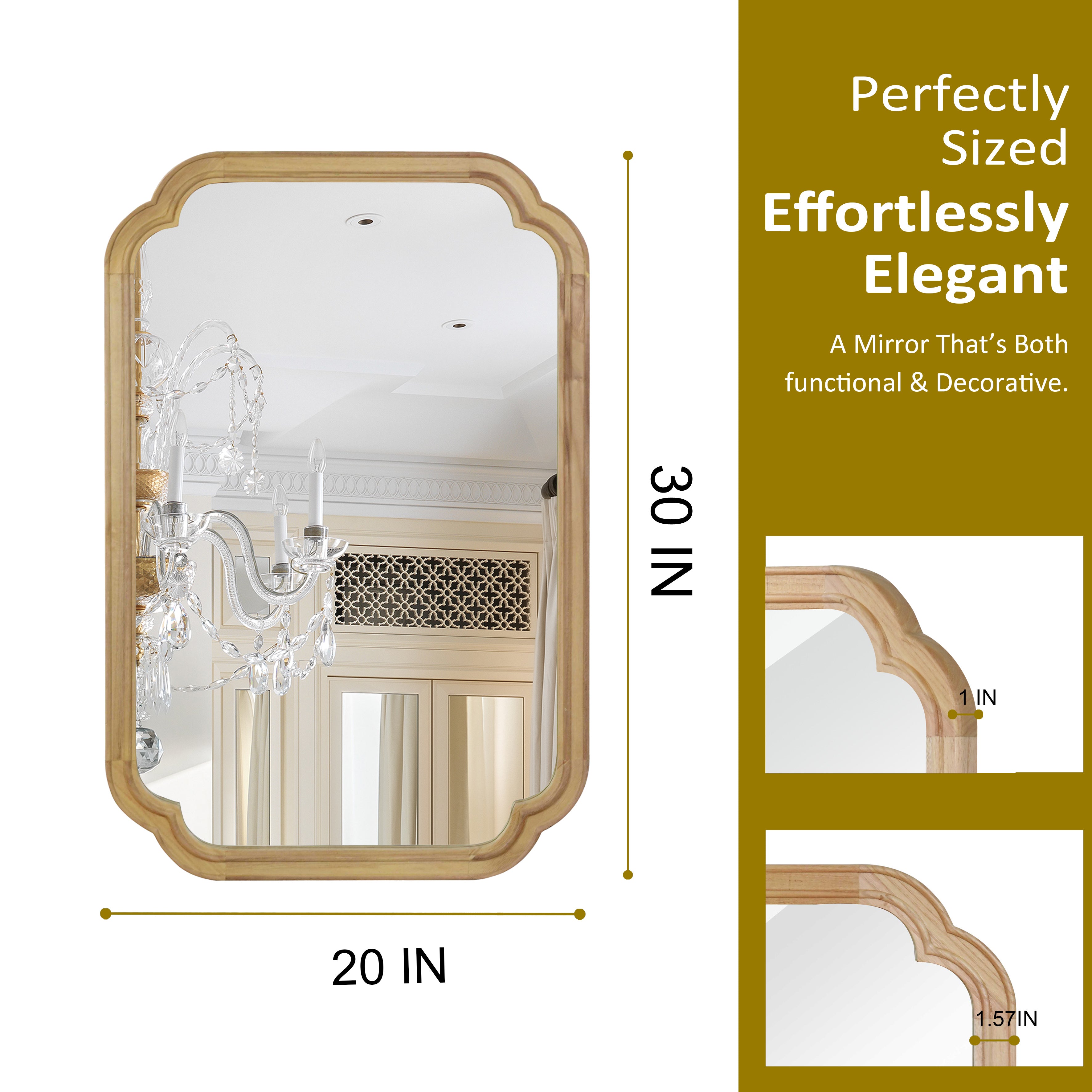 Natural Wood 20" x 30" Rounded Corner Solid Wood Frame Wall Mirror, Decorative Wall Mirror for Bedroom