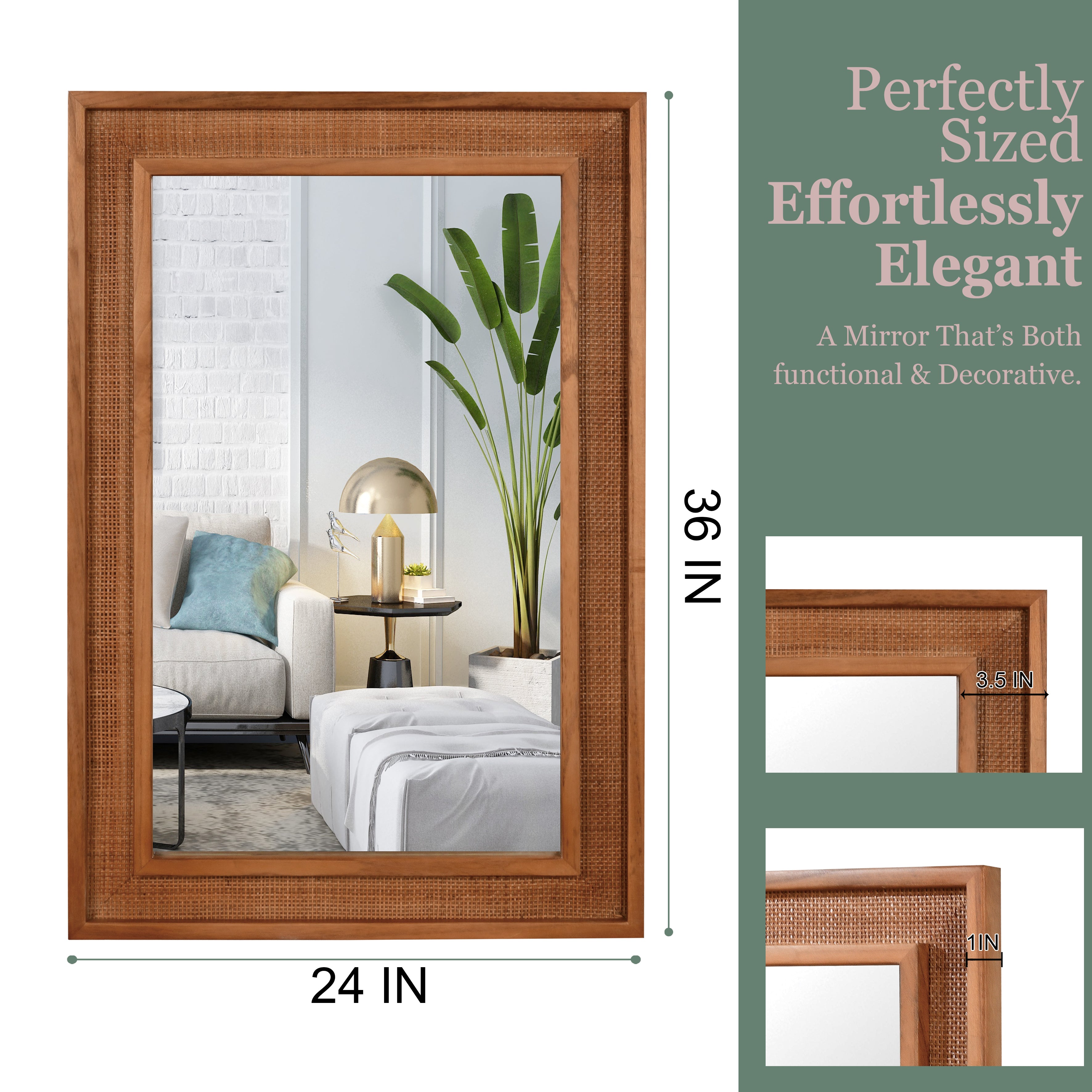 24" x 36" Decorative Mirror, Yellowish Brown Rattan Rectangle Solid Wood Frame, For Farmhouse,Home Decor,Entryway(副本)