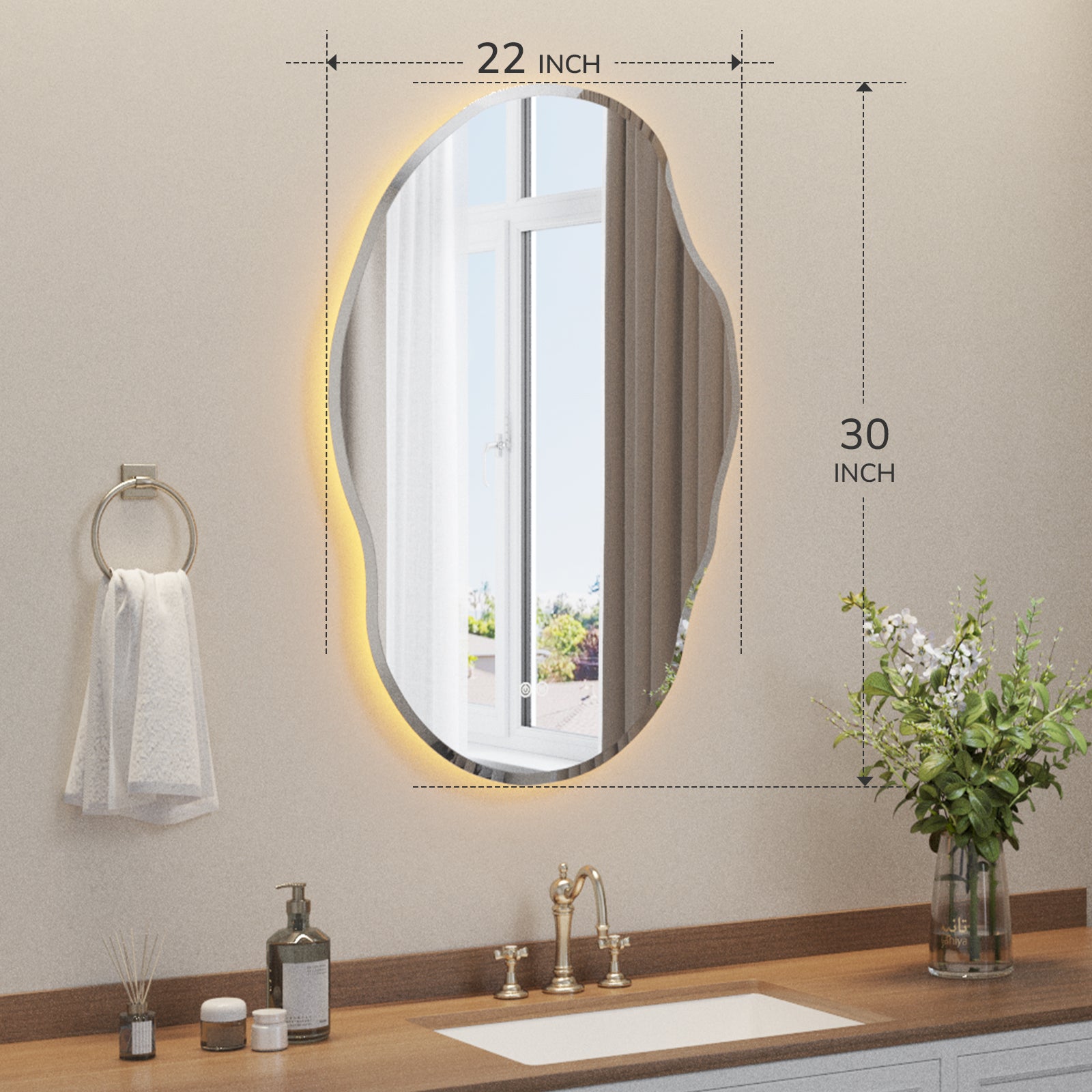 22 x 30 inch irregular oval LED vanity mirror, ideal size for bathroom wall mounting