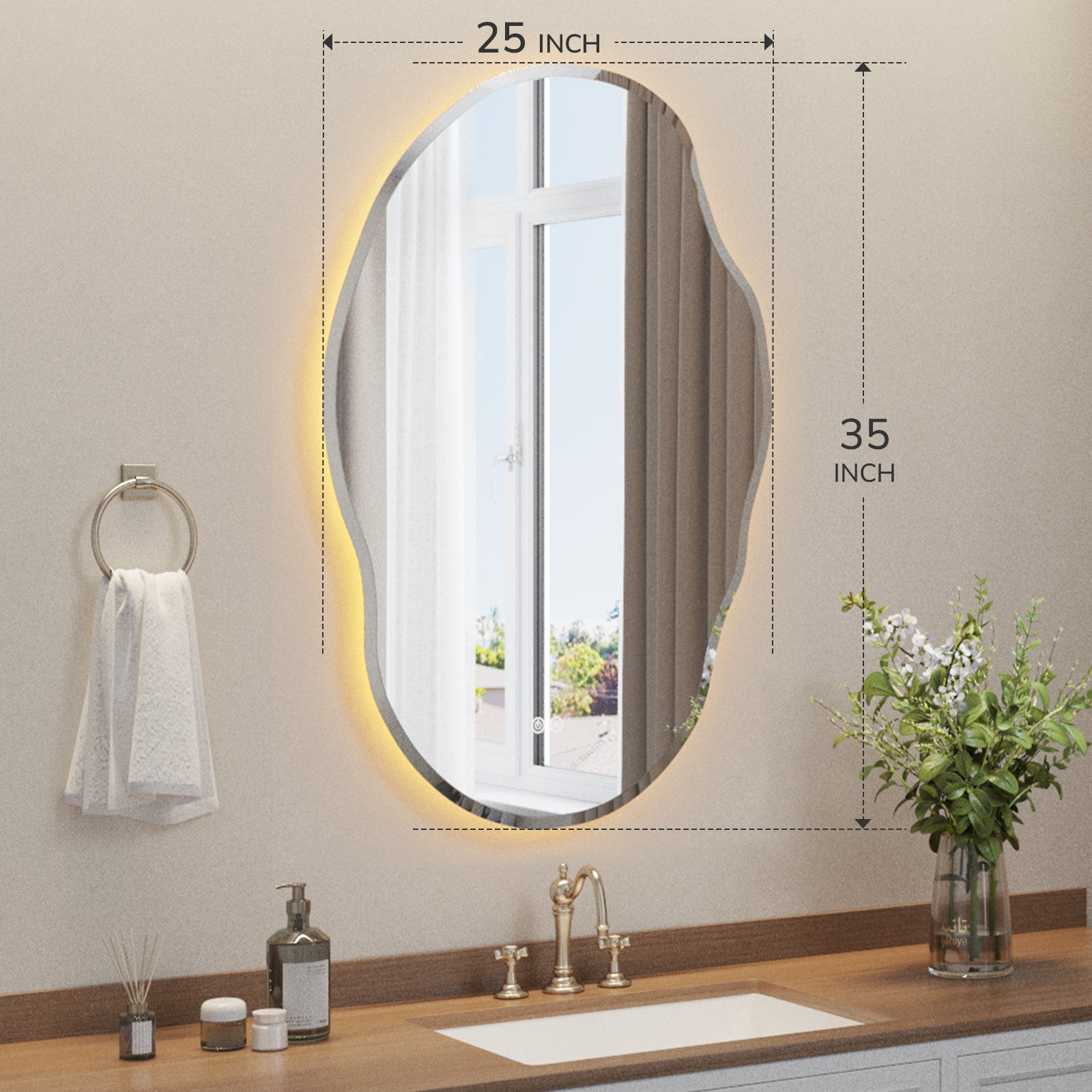 25 x 35 inch irregular oval LED vanity mirror, ideal size for bathroom wall mounting