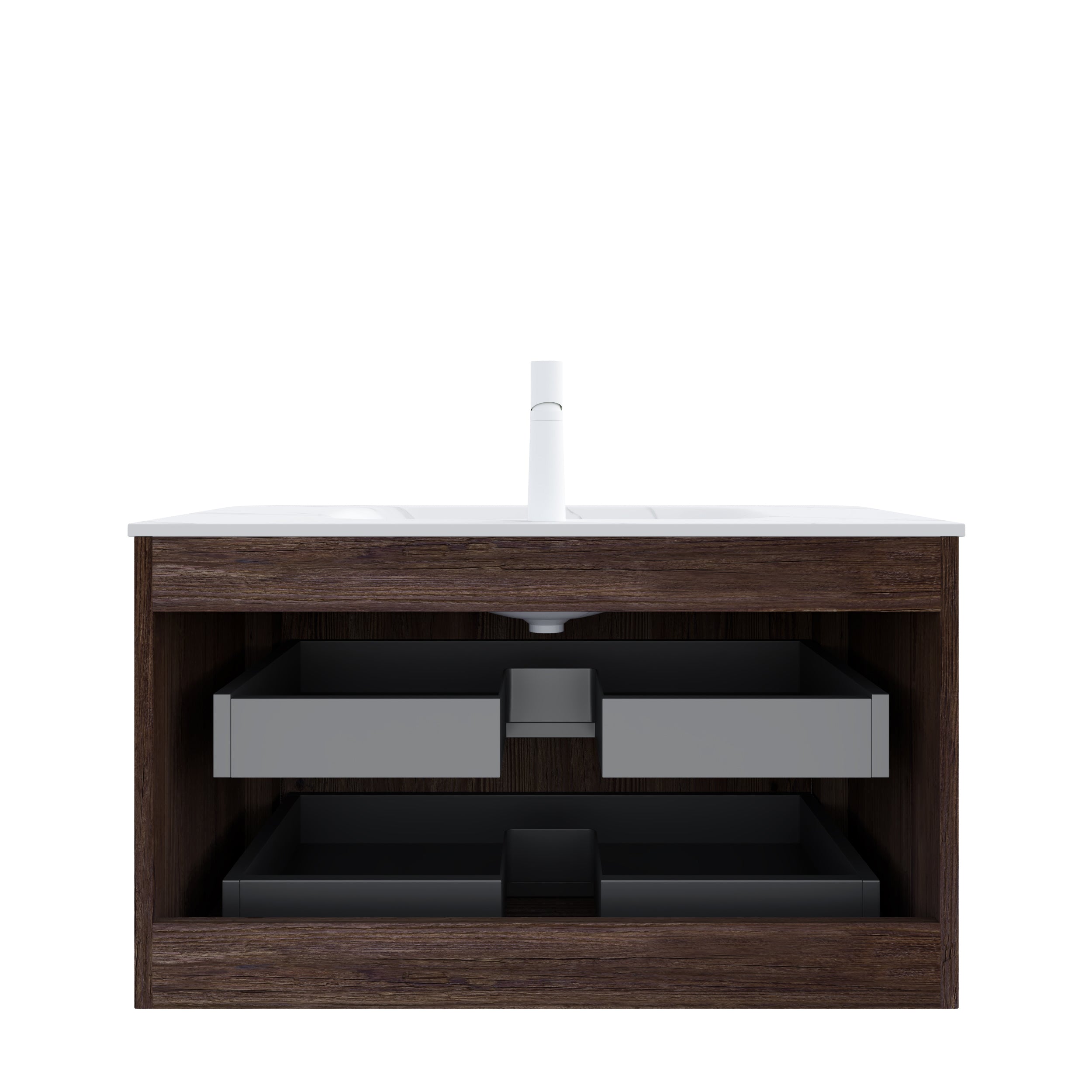 NOOR 36" Bathroom Vanity&Sink, Floating Stripe Plywood Storage Cabinet with 2 Drawers, Carrara White Sintered Stone Hot-bent Integrated Rectangle Basin, Pre-assembled, Retro Walnut Woodgrain Color